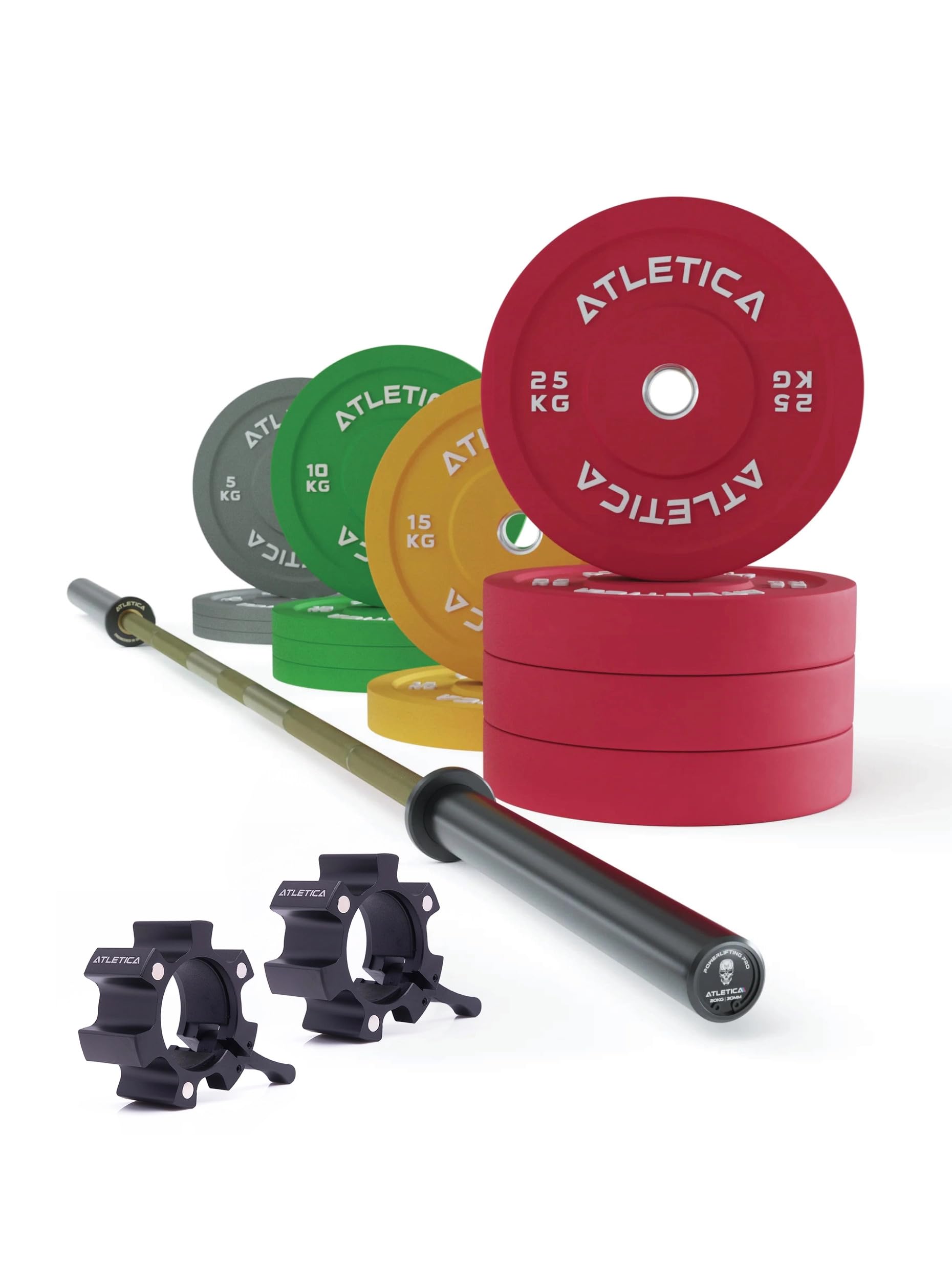 Atletica Set de Barre Olympique | Beta Powerlifting | Barre d'haltères Powerlifting | Disques Bumper de 190 kg | Colliers Pro | Couleur de la Barre d'haltères Beta Powerlifting: Vert Militaire
