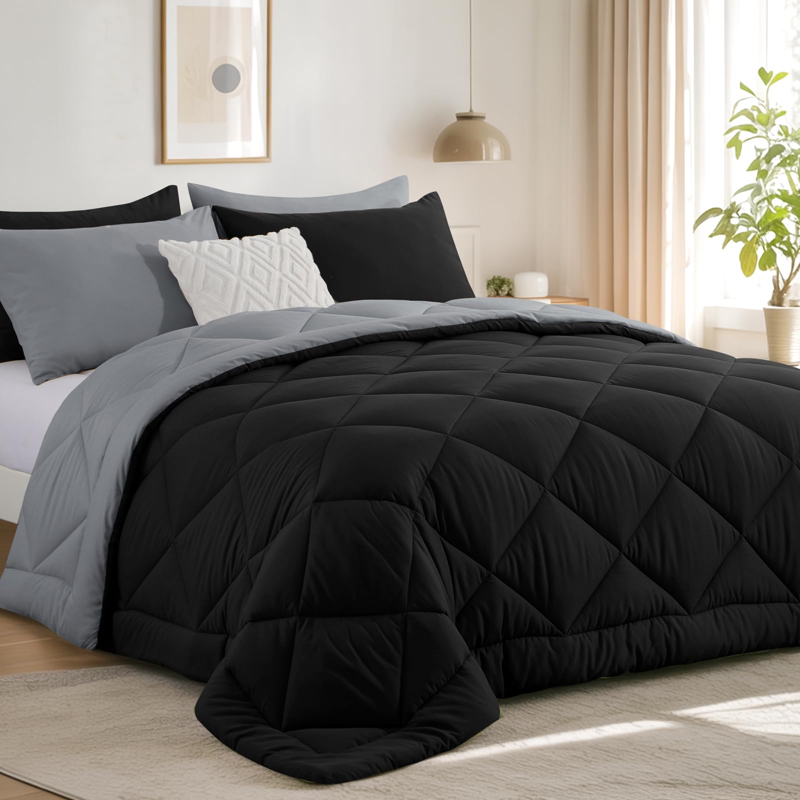 RUIKASI Coverless Duvet Single 10.5 Tog - Reversible Comforter with 1 Pillowcase, 135x200cm Quilt Lightweight and Warm All Season, Black and Grey