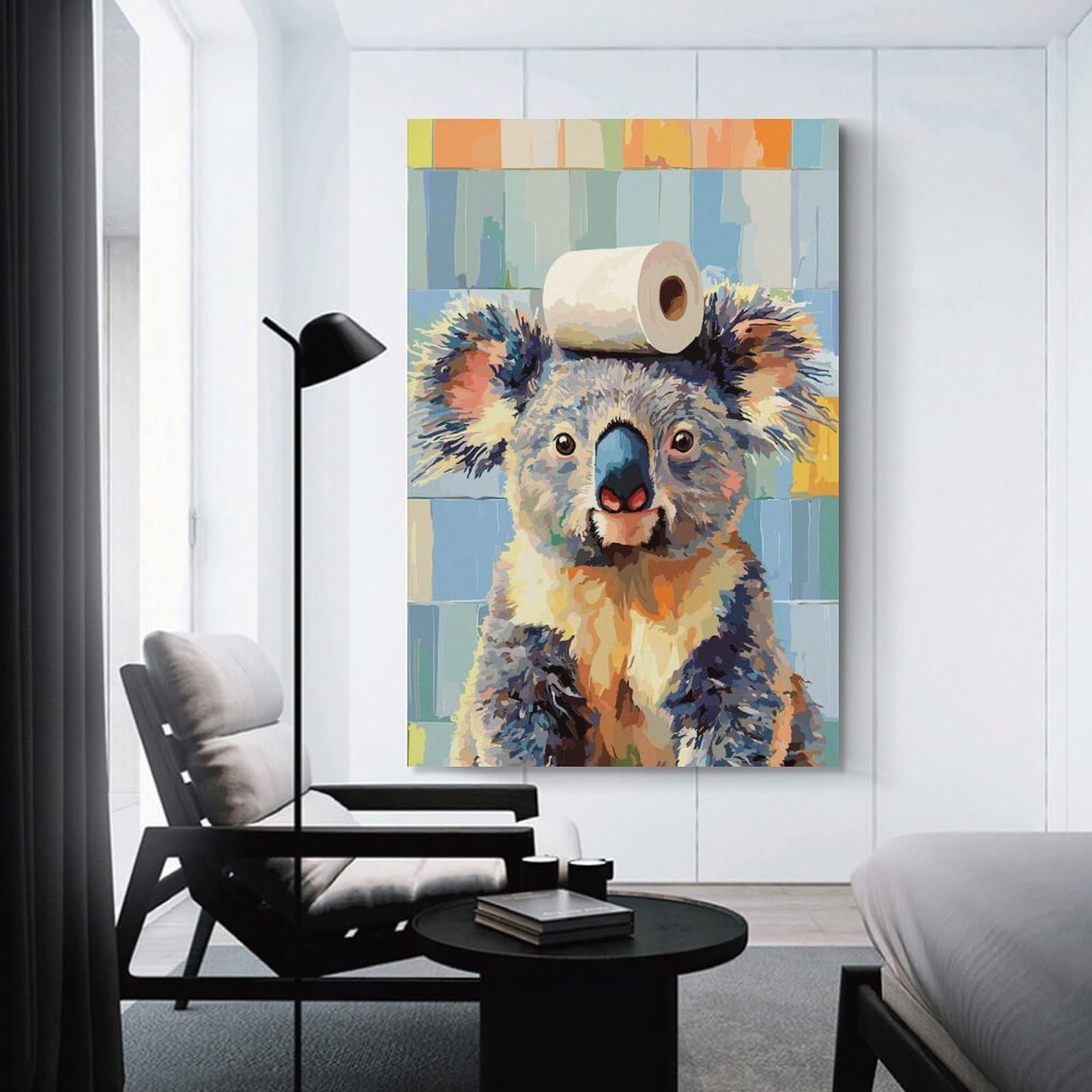 Junmoney Unframe-Style-18 Koala With Toilet Paper On Head Wall Picture Print, 16X24inch(40X60cm), For New Homes, Bedrooms Or Workspaces, Thoughtful Wall Decor For Art Lovers