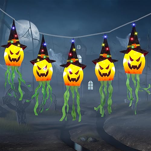 Guirnalda de luces de Halloween para colgar al aire libre, 12 pies, 30 luces LED, 5 piezas de sombrero de bruja aterrador, calabaza, funciona con