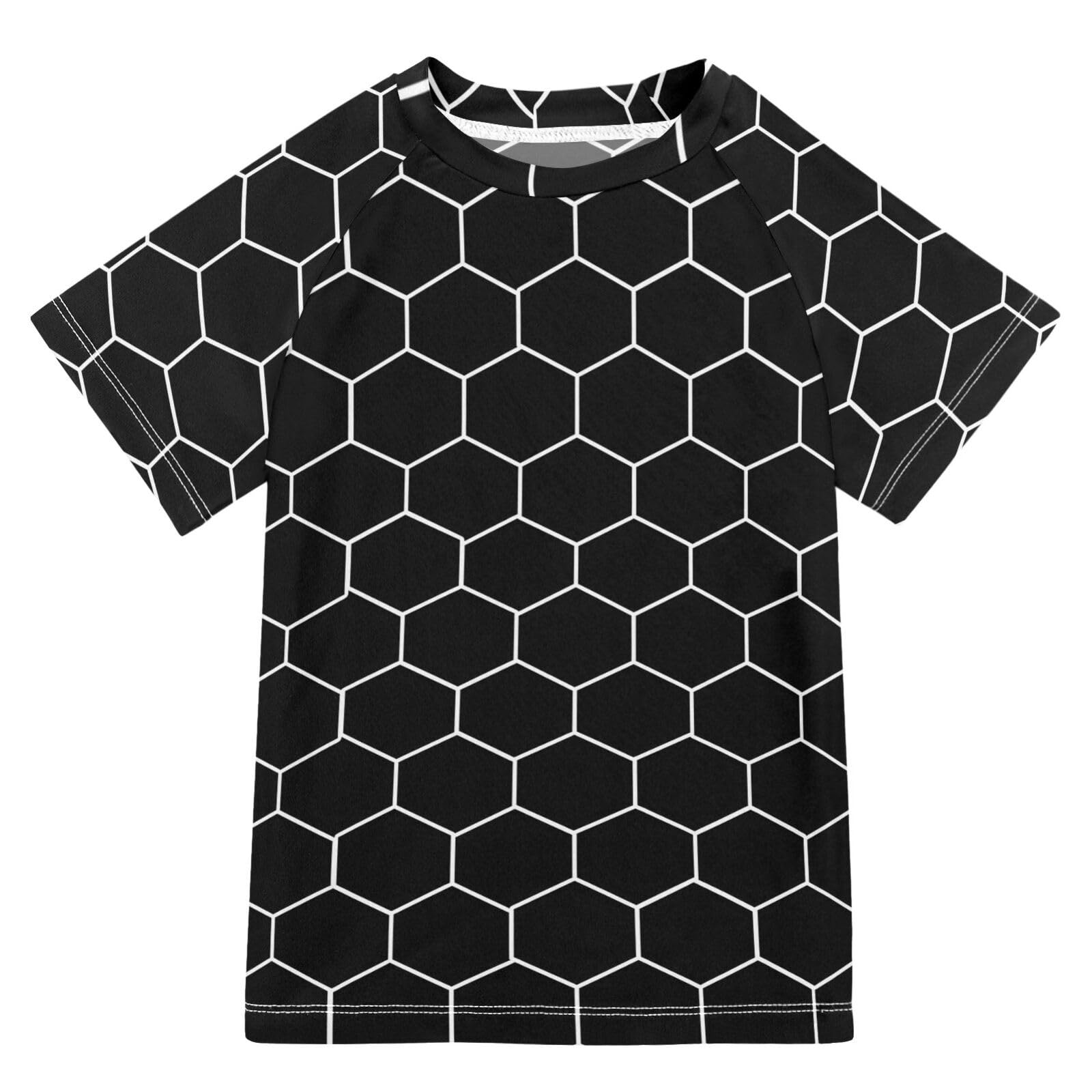 ALAZA Boys Swim Shirts Toddler Rash Guard Short Sleeve Rashguard Hexagonal Grid Black UPF 50+ 11-12T