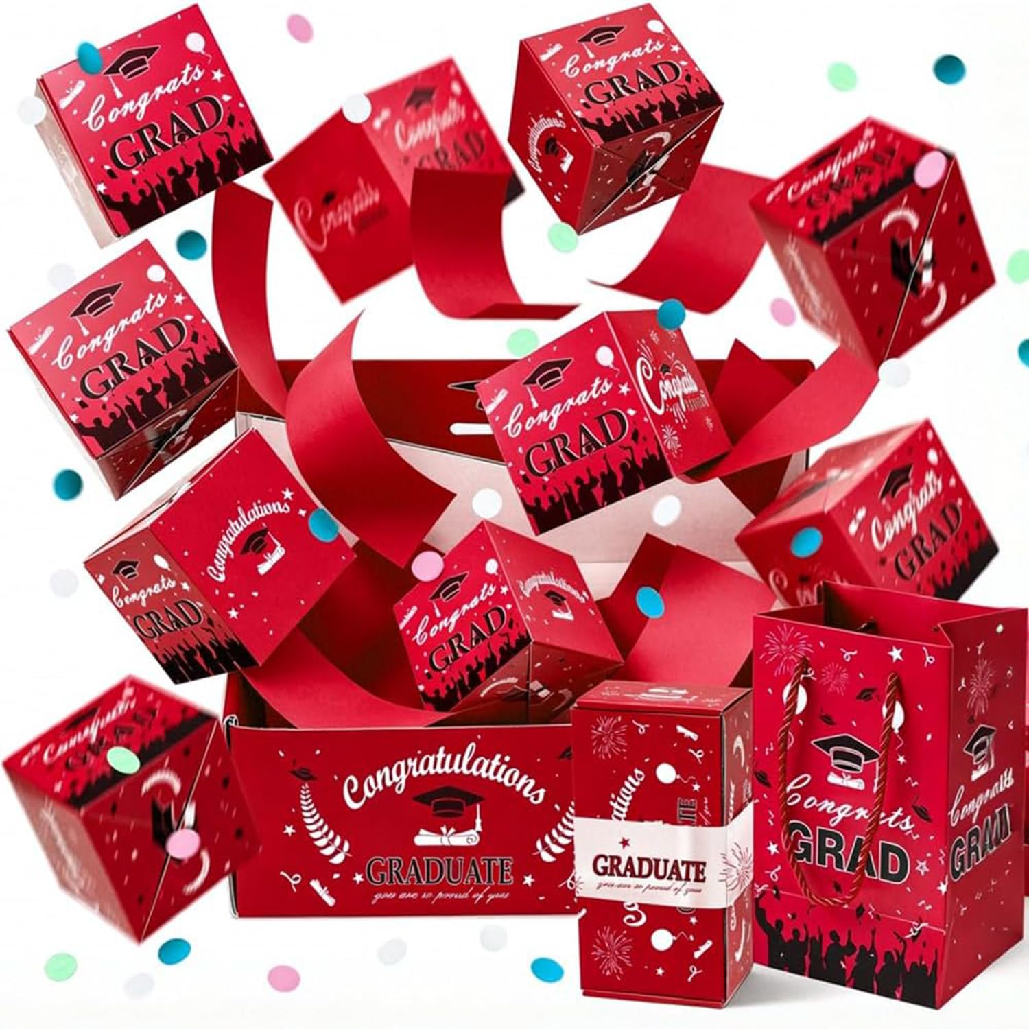 Photo 1 of 2026 Graduation Explosion Pop-Up Surprise Gift Box, DIY Bounce Money Box, Creative Memorable Graduation Surprise Present, Unique Grad Party Favor Gift Ideas (10Pcs, Red)
