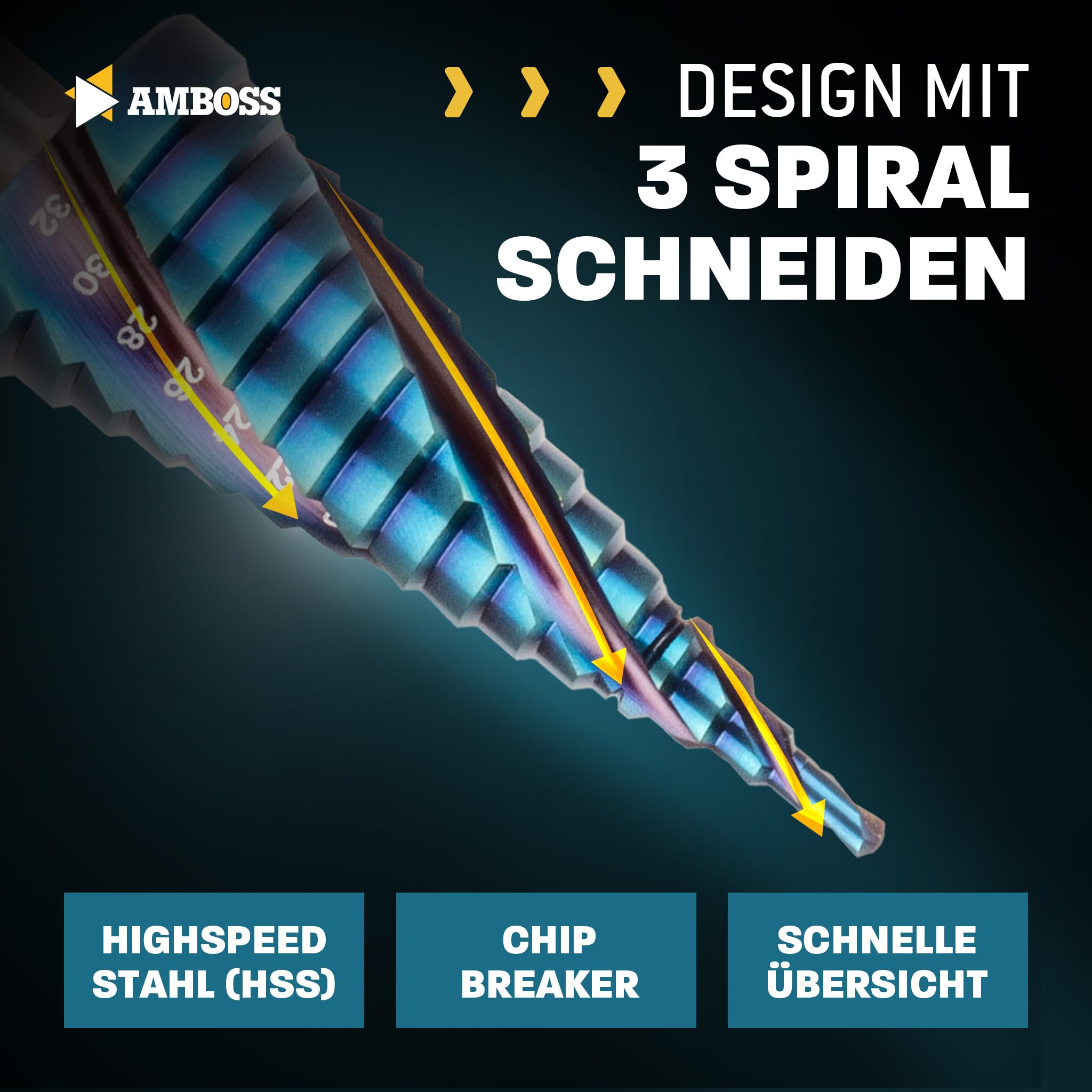 Stufenbohrer Set Ø 4-12 + 4-20 + 4-32 mm / 3 Stck. Profi Metallbohrer Kegelbohrer HSS-E Co 5% / Amboss PowerStep 3 TiAlSiN Blue Nano Guard/für Stahl, Inox, Edelstahl, Alu, Kunststoff, Acrylglas