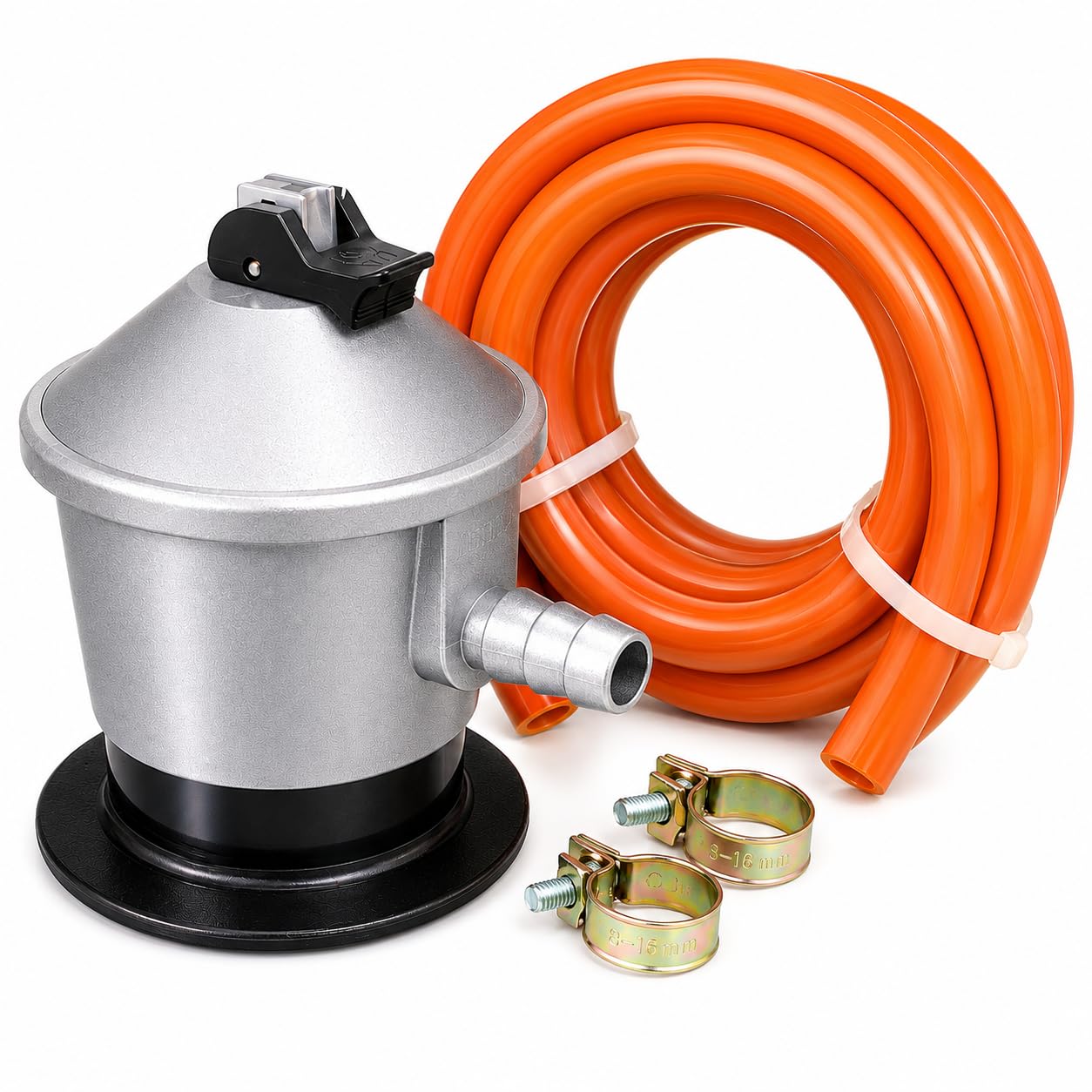 CABLEPELADO Kit Regulador Gas Butano con Valvula de Seguridad, Kit Regulador Gas, Kit regulador butano, Incluye Manguera de 1.50 metros y 2 Abrazaderas, Compatible con Butano, Propano, GLP