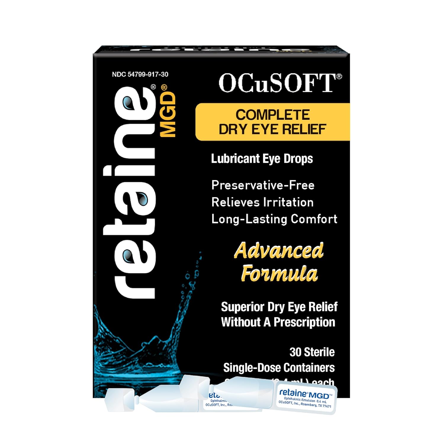 OCuSOFT Retaine MGD Ophthalmic Emulsion - Complete Dry Eye Relief - Soothes Red Irritated Eyes - 30 Count