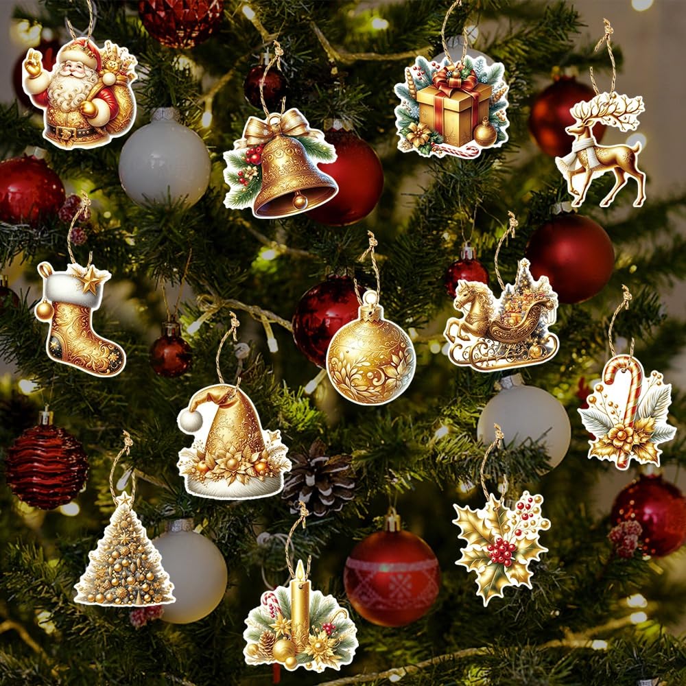 Jimcom Gold 12Pcs Christmas Tree Pendants Decoration, Christmas Hanging Ornaments Gift Tags, Xmas Snowflake Snowman Reindeer Pendants For Christmas Party Decorations