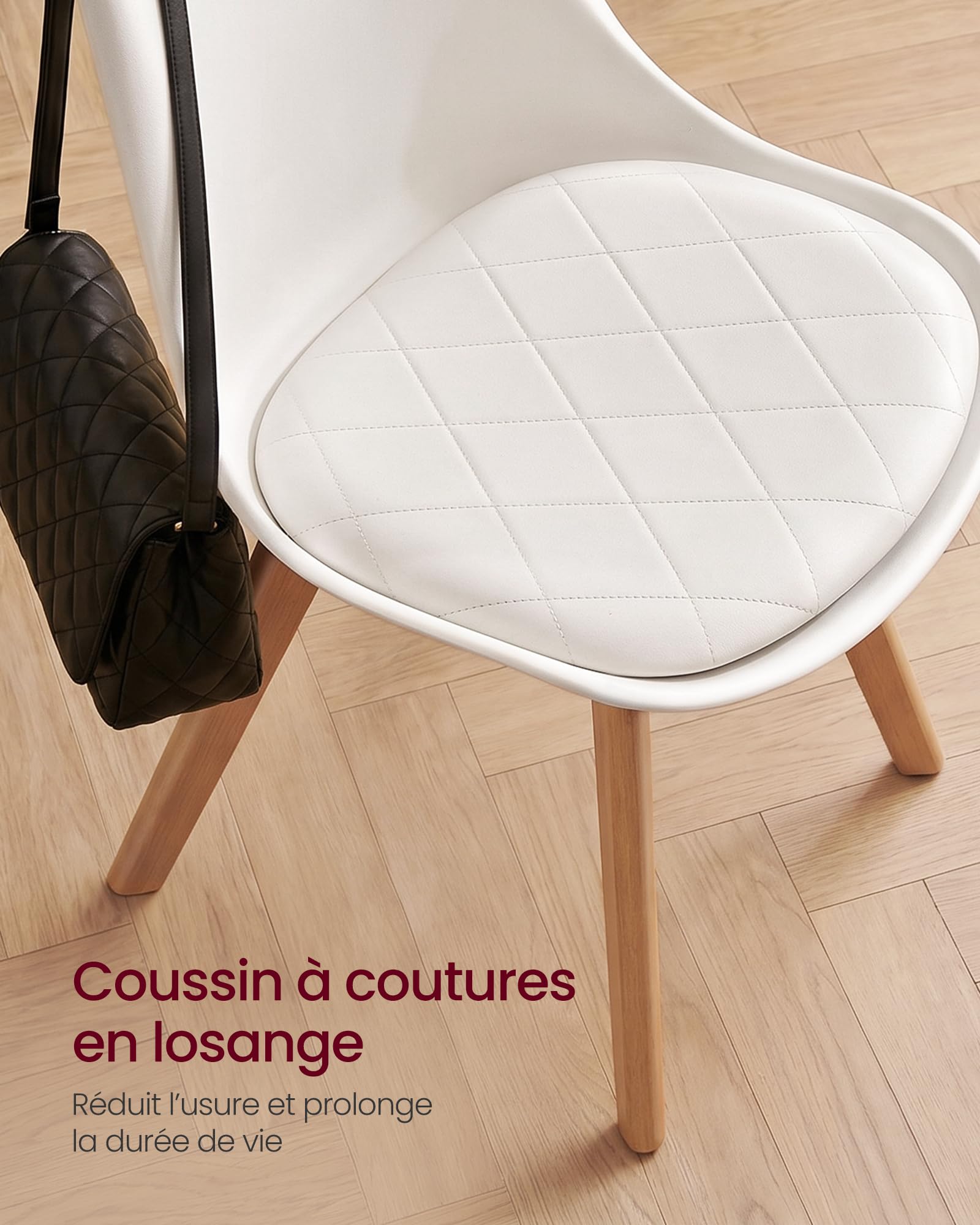 VASAGLE Chaises de Salle à Manger, Chaises de Cuisine avec Coussin en Cuir PU, Pieds en Bois de Hêtre, Lot de 4, 46,5 x 57 x 79 cm, Blanc Nuage, pour Salon, Bureau, Collection Lenna KDC888WD01