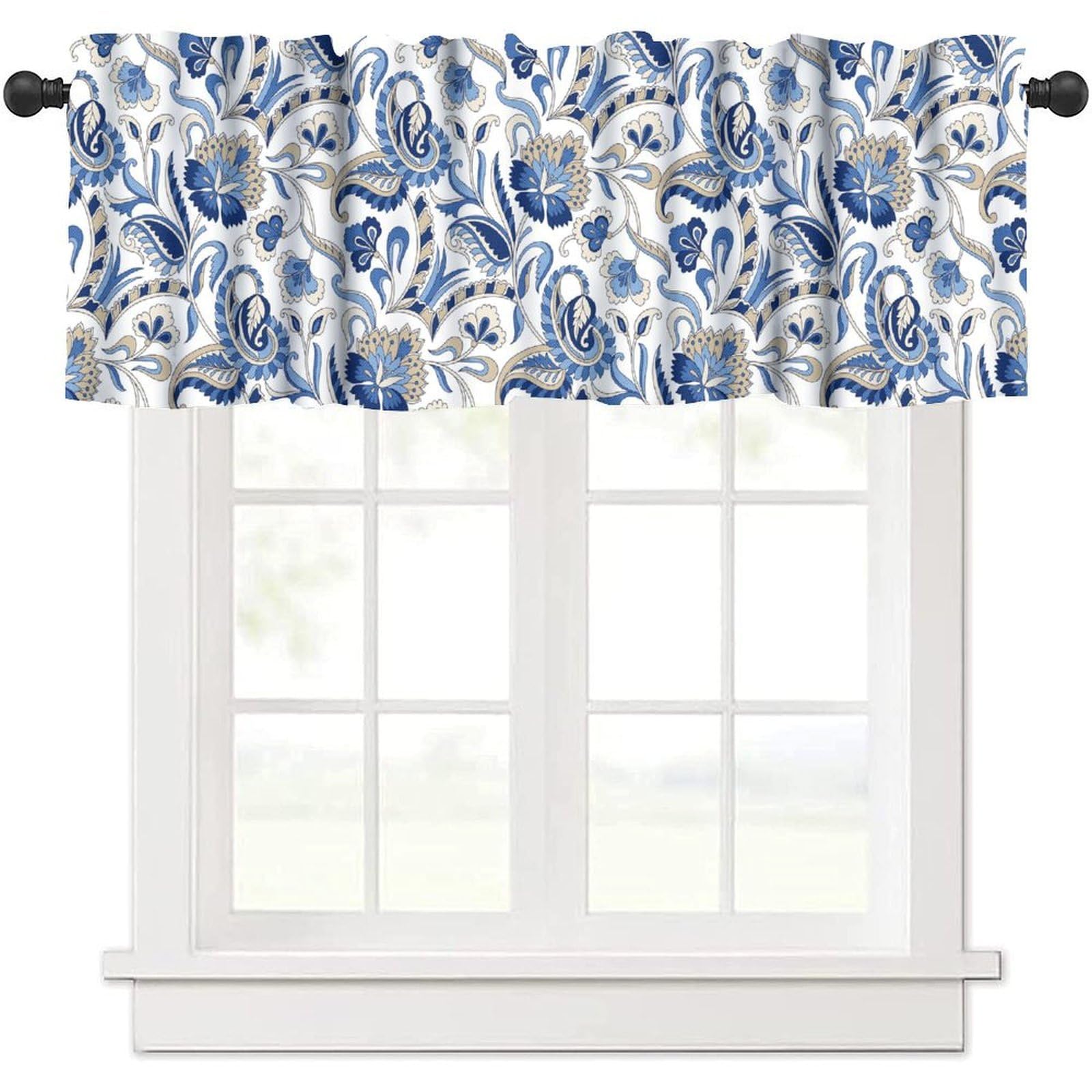 moderw Blue Paisley Floral Window Valance Curtains Vintage Traditional Asian Indian Flower Seasonal Window Treatments Curtain Valance for Farmhouse Kitchen Bedroom Living Room 54x18inch