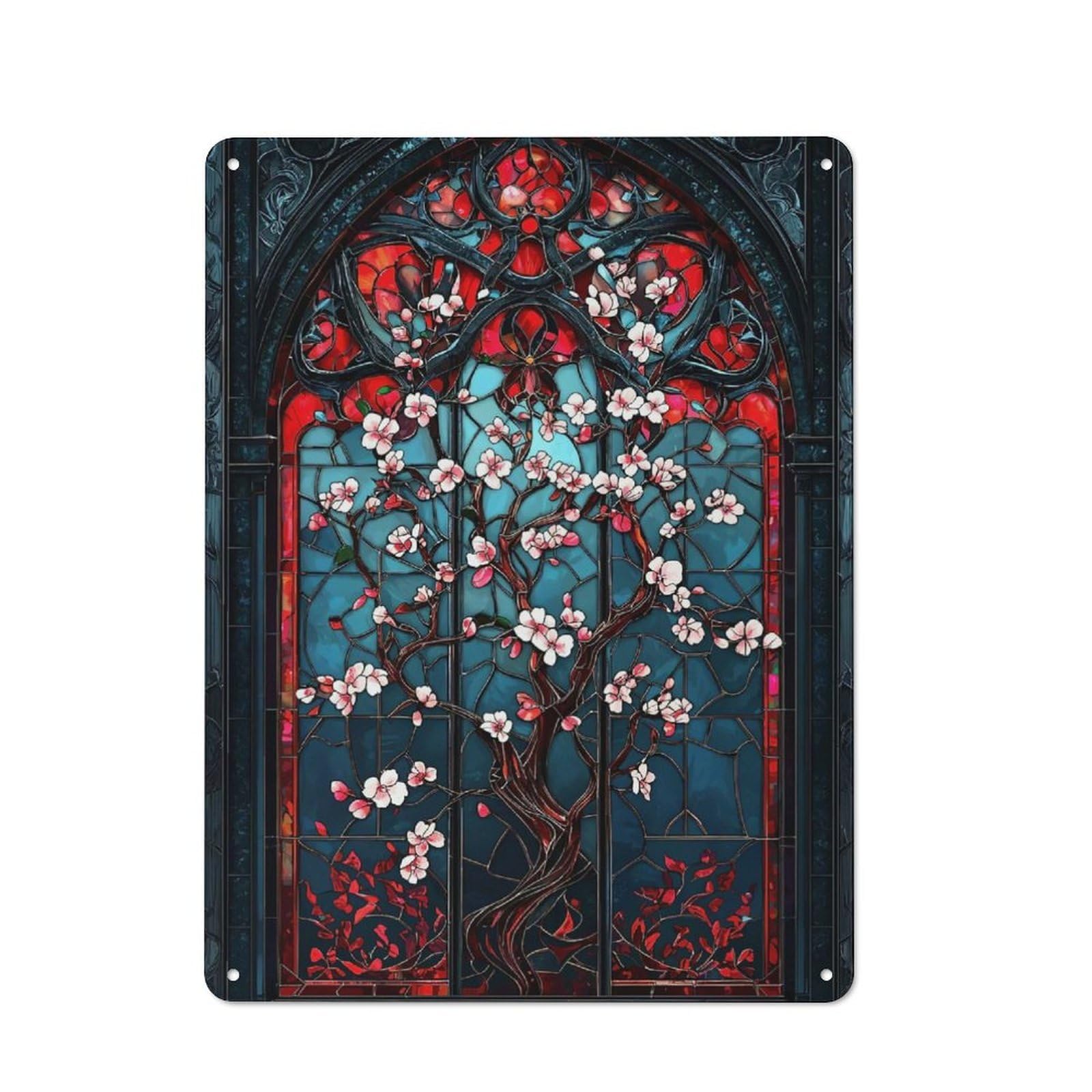 Junmoney Stained Glass Cherry Blossom Tin Sign 40X30cm With For Bar Or Restaurant, Retro Decor, For Garage, Workshop And Man Cave Decoration