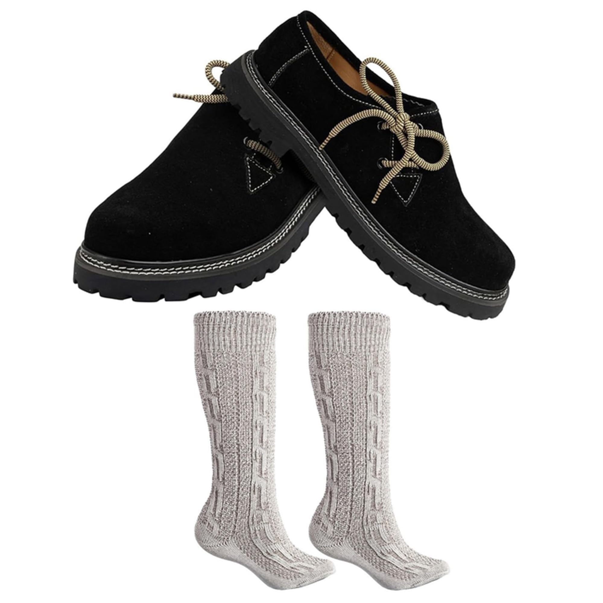 German Wear Haferlschuhe Trachtenset Herren Trachtenschuhe Trachtensocken 2 Schnürsenkel Set - Wildleder Original Handmachart 100% Leder-Futter Lederschuhe mit Melierte Socken