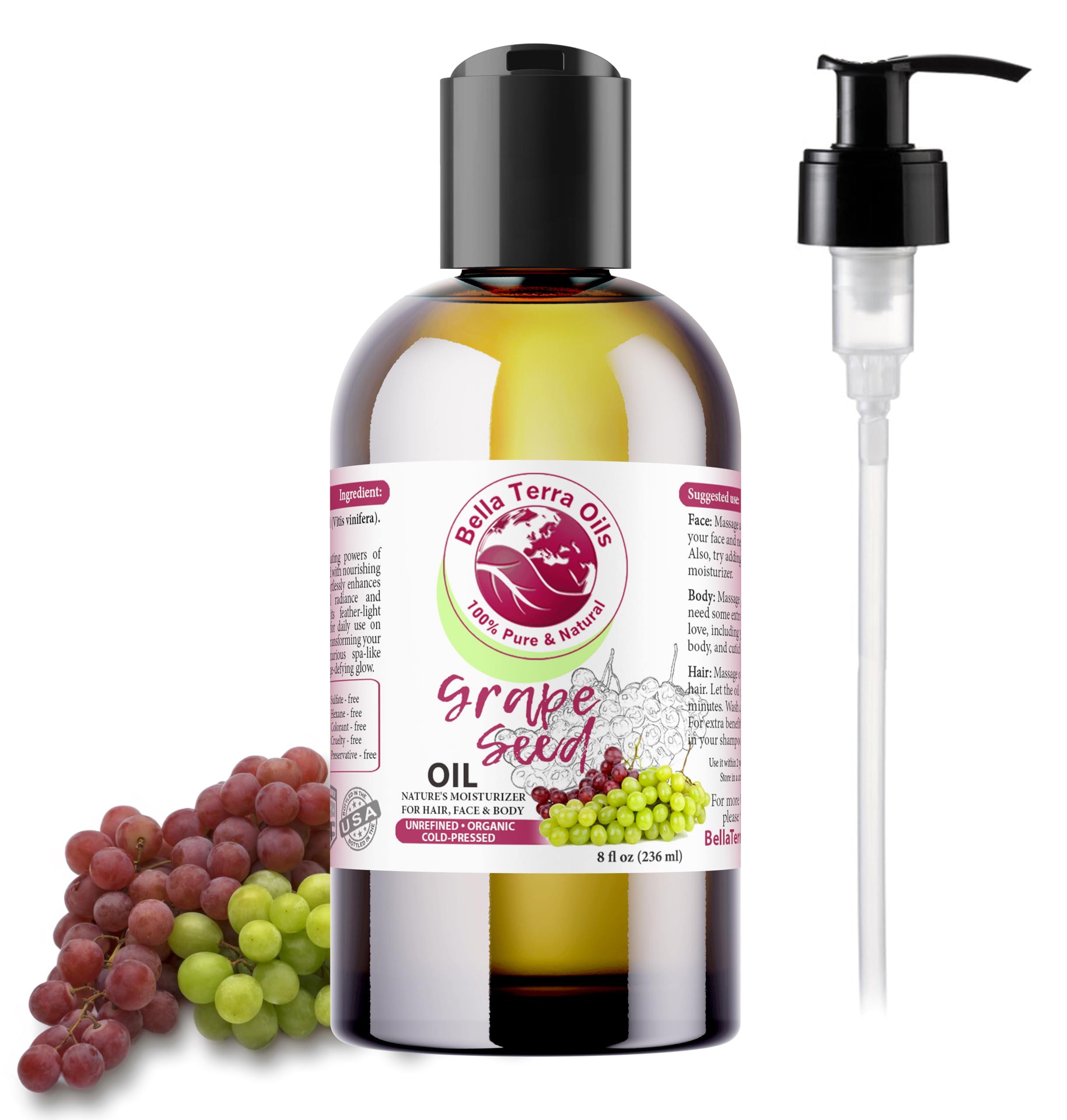 Bella Terra Oils - Organic Grape Seed Oil 8oz - The Pinnacle of Organic Grape's Enzymatic Excellence, Famed for its Linoleic Acid & Omega-6, For the Discerning Skin Connoisseur