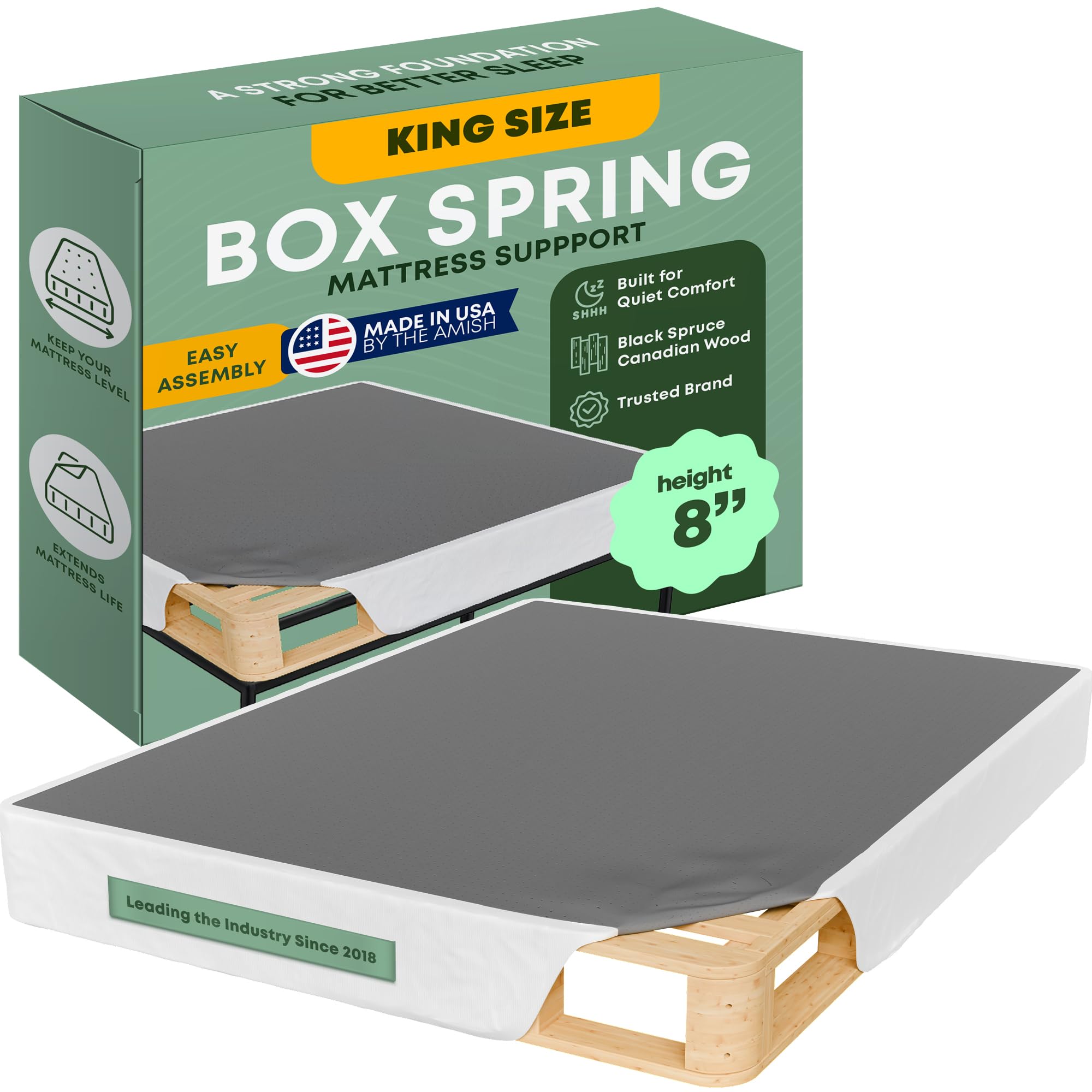 Greaton, 8” King Box Spring for King Bed – Amish-Made in The USA – Solid Wood Box Spring Mattress Foundation with Stable & Quiet Support – Flat-Packed