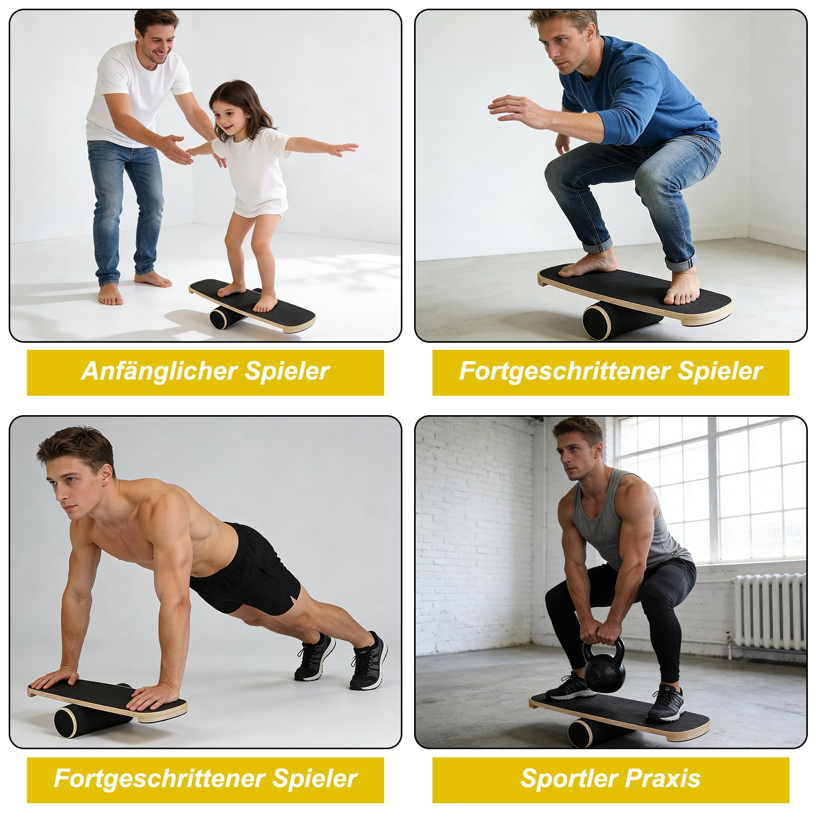 Balance Board, Balance Board Roller Holz Trainer, Holz-Gleichgewichtsboard mit verstellbaren Stoppern und Korkrolle, Board für Gleichgewichtstraining, Koordination, Home Fitness