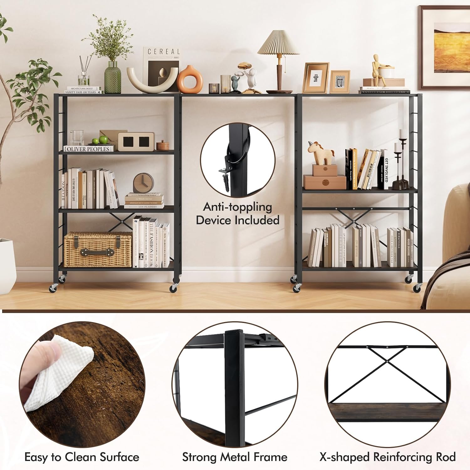 GOFLAME 4-Tier Folding Bookshelf, Freestanding DIY Shelving Unit with Wheels, Height-Adjustable Shelves, Metal Frame, Industrial Storage Shelf Organizer, Bookcase Display Rack
