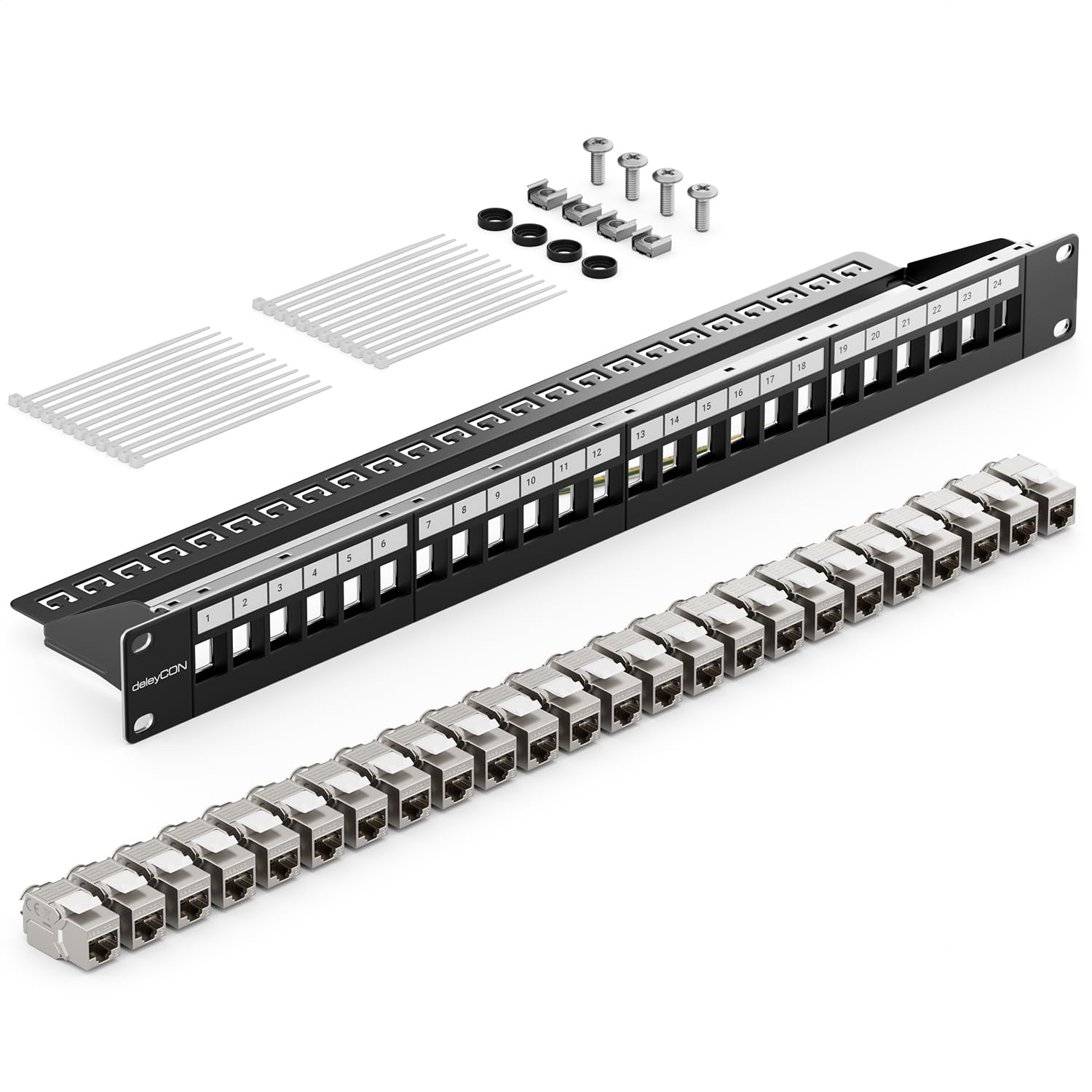 deleyCON 24 Puertos CAT 8 Patch Panel Set Panel de Distribución 19" Pulgadas 1U + 24x RJ45 Keystone Jack Módulo CAT8 40 Gbit/s 2000 MHz Compatible con Cable de Instalación CAT7 CAT-8 Ethernet