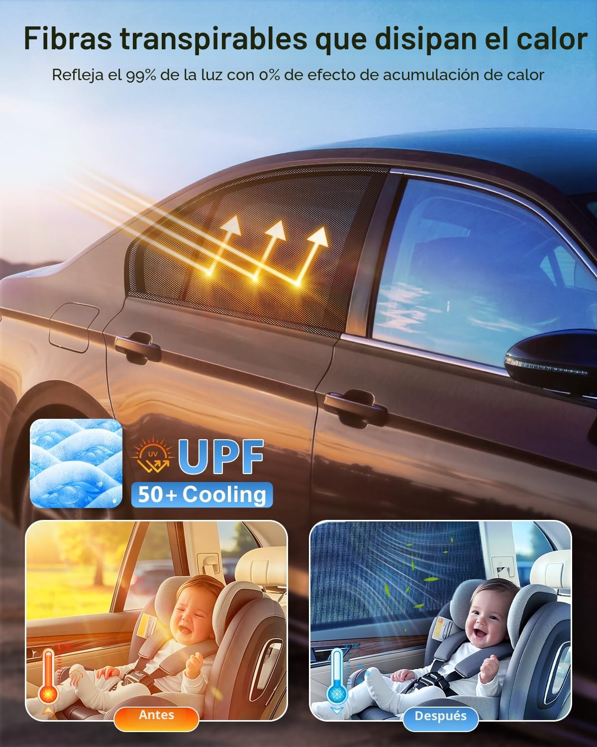 PEMOTech Parasol Coche Lateral【Tejido Spandex Transpirable&Protección UV】 Mosquitera,Protege La Privacidad Familiar,Sombrilla De 2 Piezas para Niños y Mascotas,Compatible con el 95% De Los Modelos