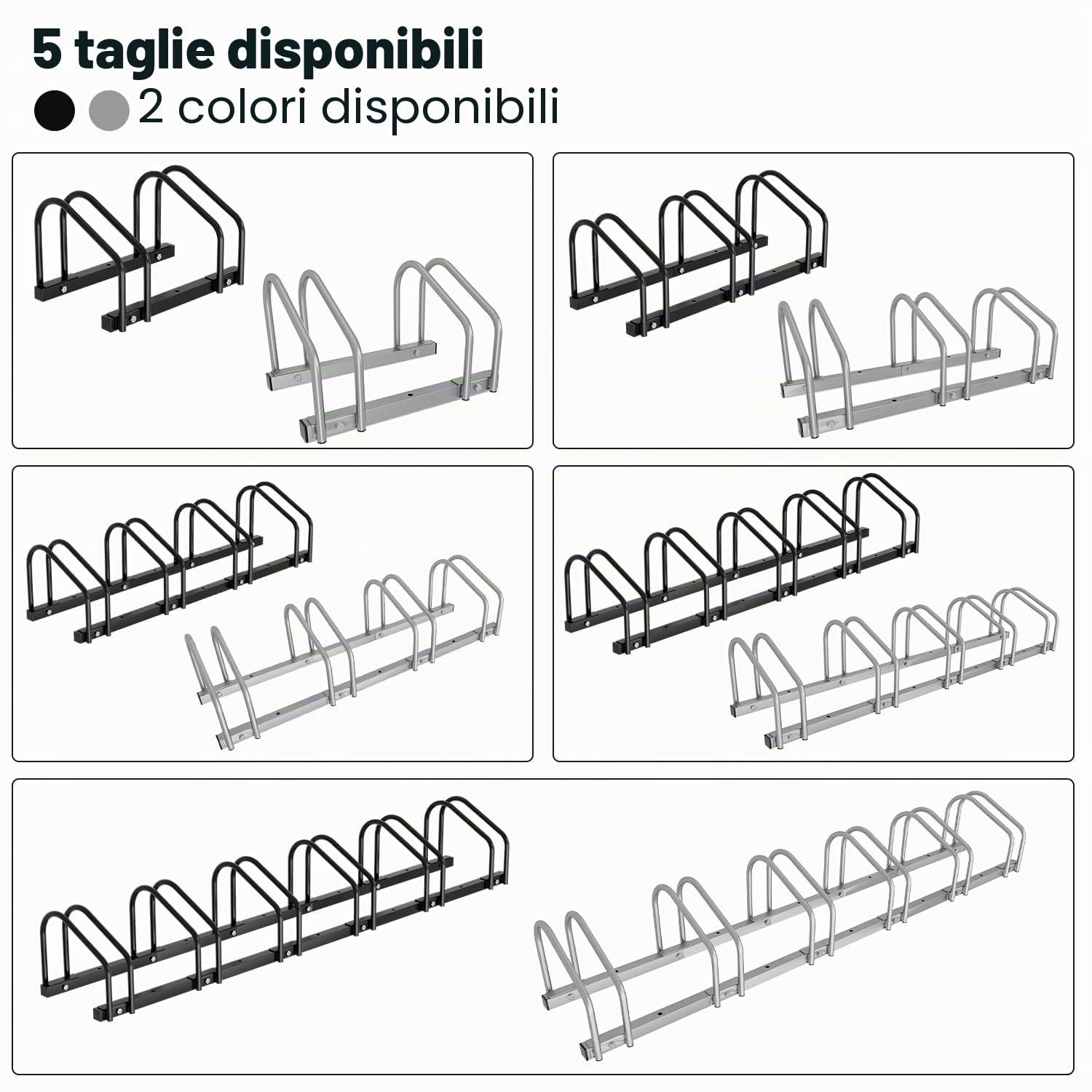 Cavalletto per 5 biciclette, supporto bicicletta con distanza di 30 cm, per pneumatici da 35 a 55 mm, supporto per montaggio a pavimento e a parete, nero