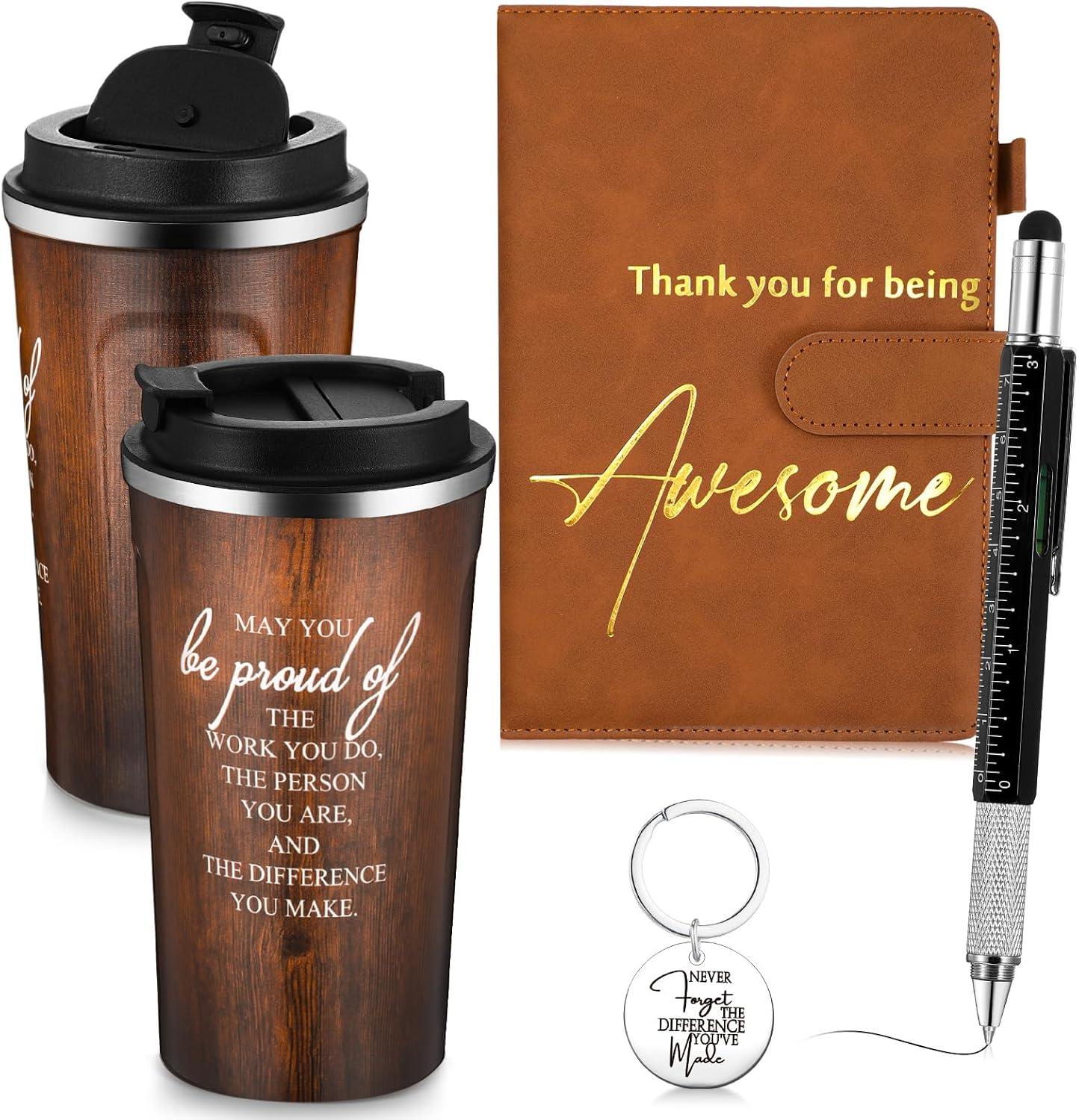 4 Set Back to School Teacher Gift Employee Appreciation Gifts for Men 17oz Brown Stainless Steel Coffee Tumbler with Lid Leather Journal Keychain Pen Thank You for Male Women Coworker Staff