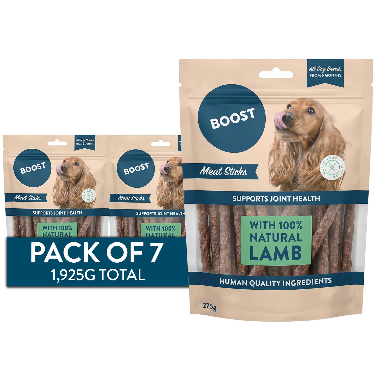 BOOST Meat Stick Dog Treat - Grain-Free Natural Snack, Lamb, 7 x 275g