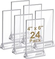 Vista 9 de 24 soportes de acrílico transparente de 4 x 6 con bordes plateados y soporte vertical, soportes de menú de mesa de doble cara para números de mesa
