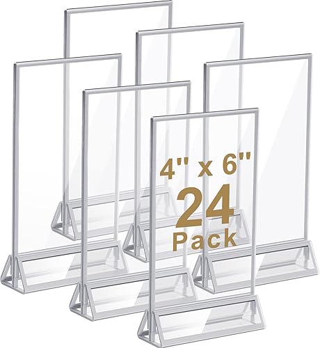 Miniatura 9 de 24 soportes de acrílico transparente de 4 x 6 con bordes plateados y soporte vertical, soportes de menú de mesa de doble cara para números de mesa