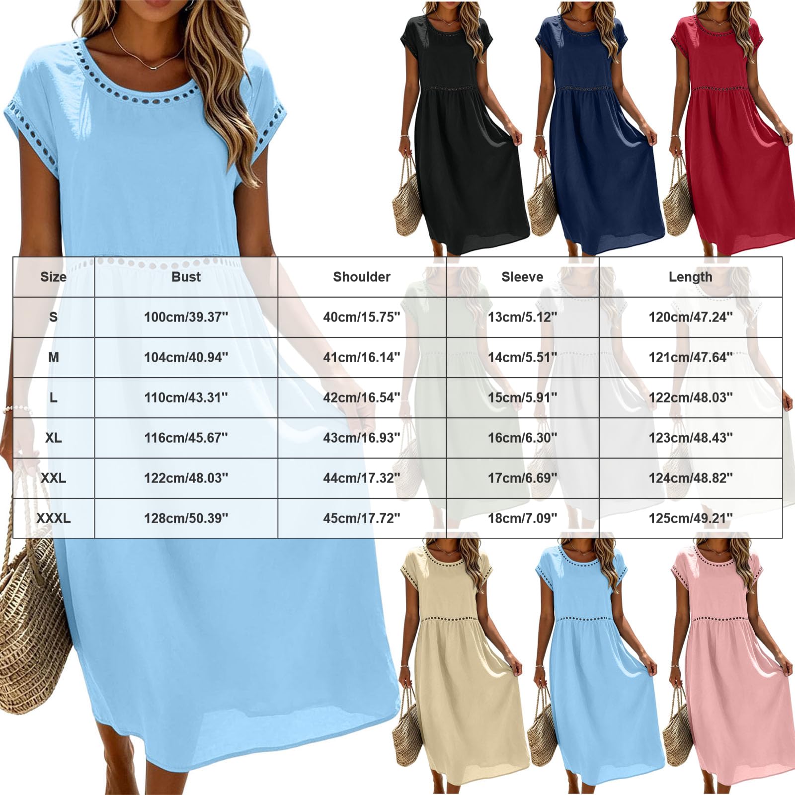 Abito Lino Donna Abito Estivo a Maniche a 3/4 Vacanza Comodo Taglie Forti Vestito Lungo in Cotone Scollo a V Largo Vestiti da Spiaggia Vestito Boho Chic Ideale per vacanze, lavoro e uso quotidiano