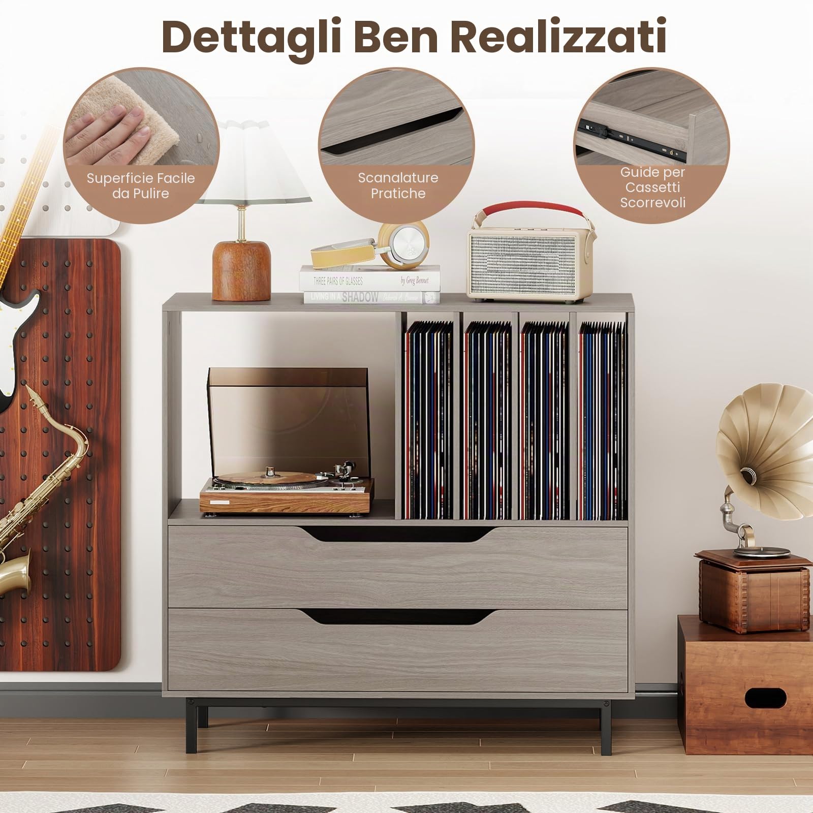 GIANTEX Mobile Porta Dischi in Vinile con Scomparti Aperti e 4 Separatori, Gambe Metalliche e Cassetti, Mensola in Legno per Sala Musica e Soggiorno