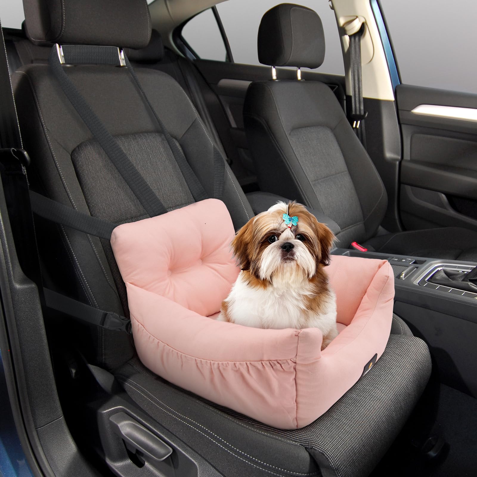 Veehoo Dog Car Seats for Small Dogs, Soft Cotton Dog Booster Seat Bed, Washable & Portable Pet Carseat Travel Bed with Safety Leash, Storage Pocket and Anti-Slip Bottom for Dog, Puppy, Cat, Pink