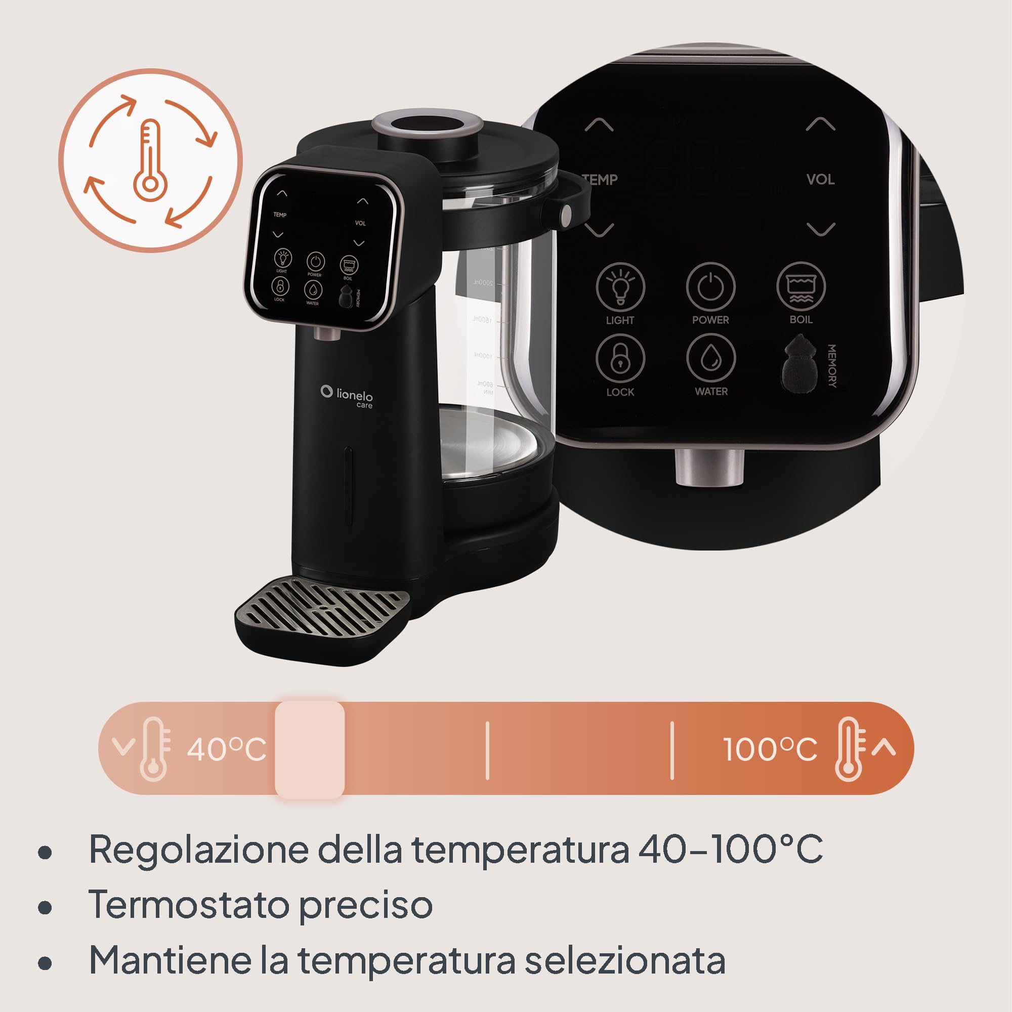 Lionelo BABYPRESTO 2.0 Preparatore Istantaneo di Latte in polvere con Temperatura Regolabile 40-100°C, Dosaggio Automatico 30-300 ml, Formula Scaldabiberon, Dispenser Acqua 3L, Declorazione, Igiene UV