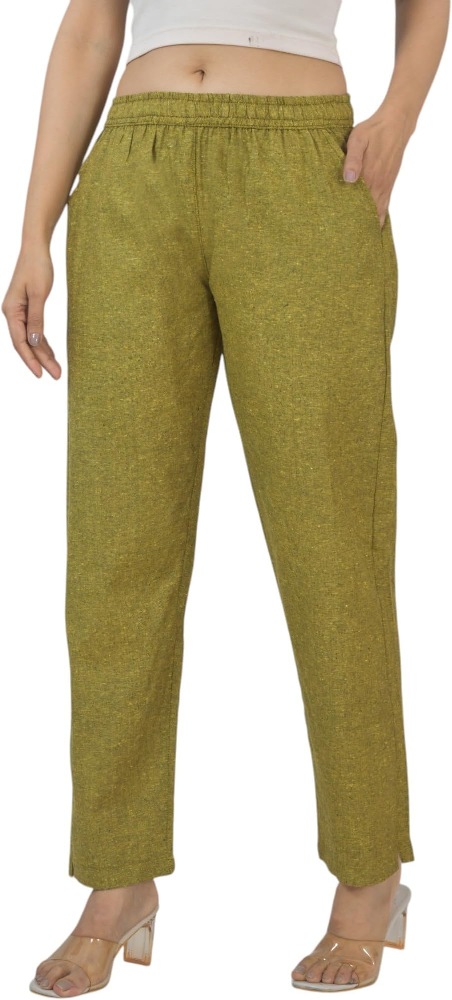 Qashida Women's Cotton Linen Pants, Regular Fit, Fully Elasticated, 2 Side Pockets