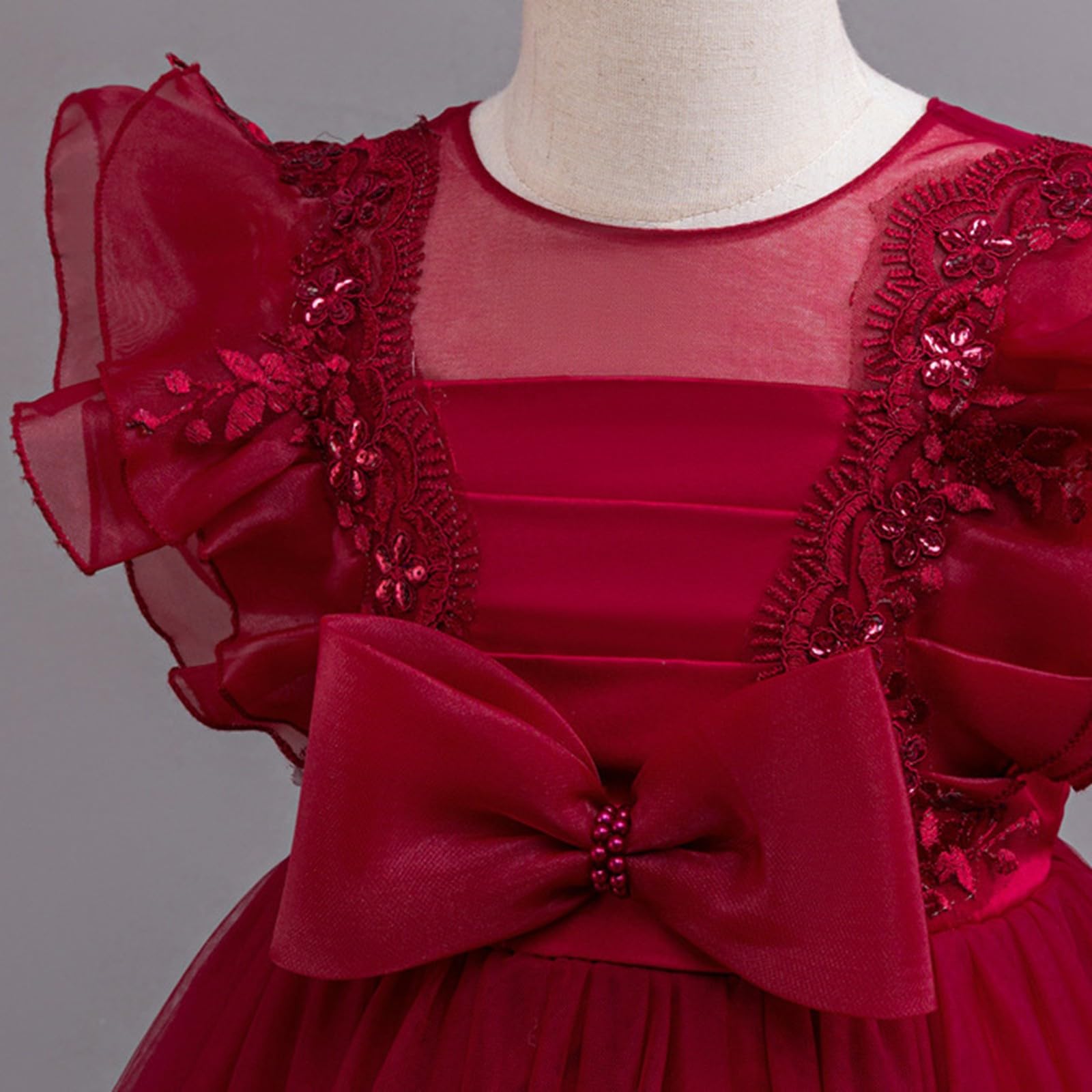 Abito da principessa per ragazze, in tulle, con fiocco, per feste di compleanno, formali, balli studenteschi, matrimoni, damigelle d'onore, concorso, maniche a volant, abiti car