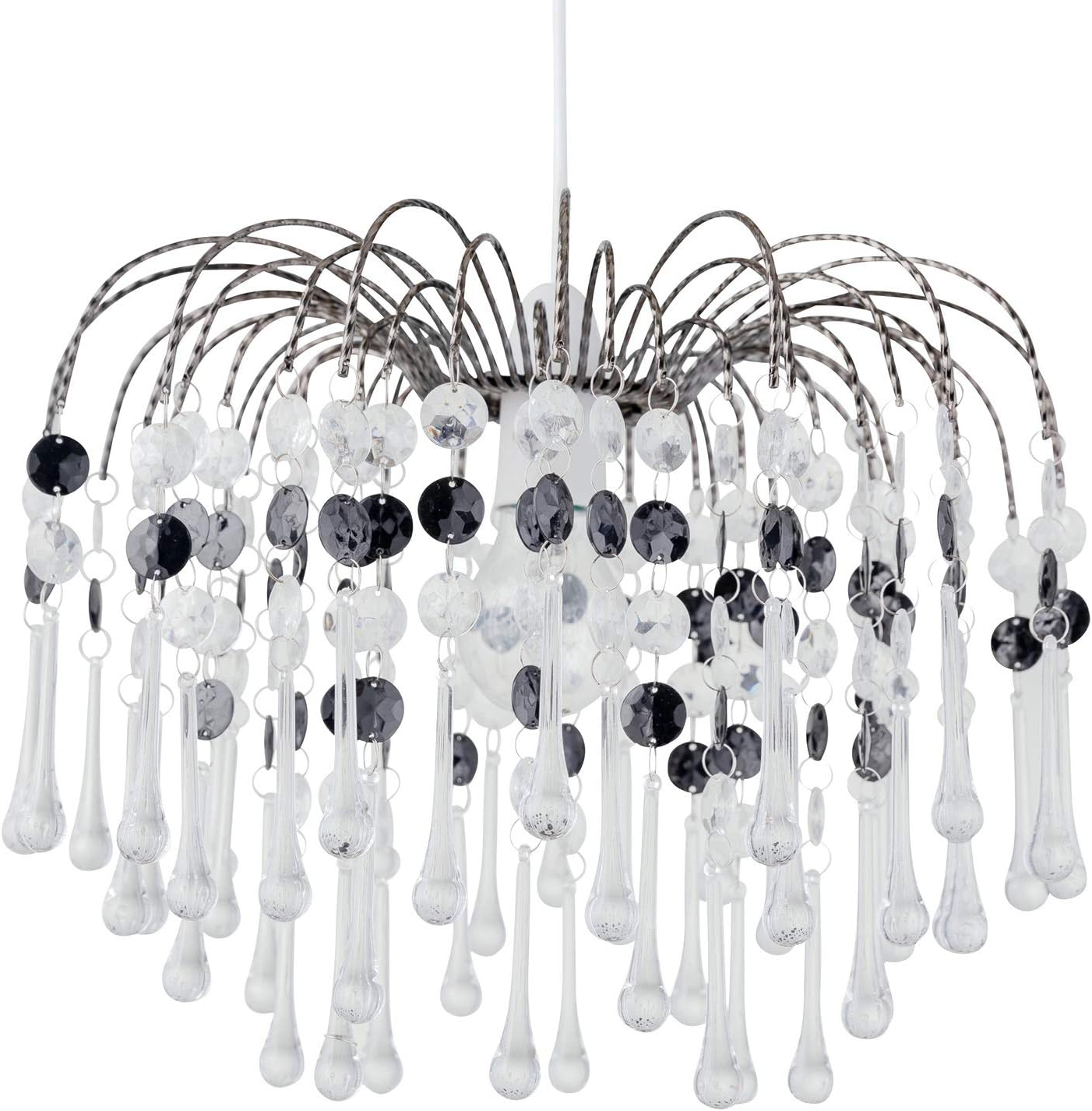 Modern Clear and Black Jewelled Waterfall Easy Fit Ceiling Light Shade, Chandelier Style Shade, No Wiring Required [Energy Class A++]