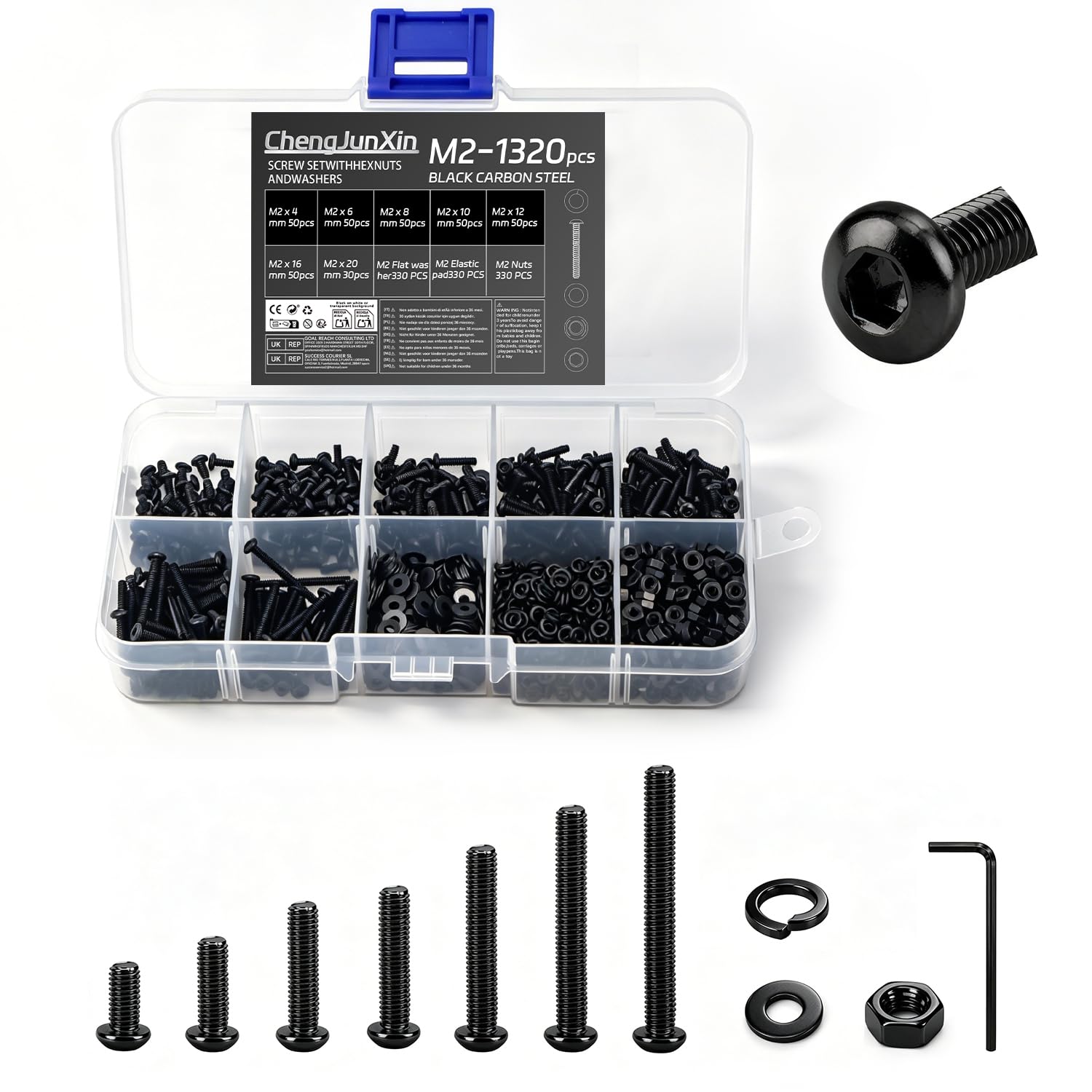 ChengJunXin 1320Pcs M2 Bolts and Nuts Set - Black Carbon Steel, Hex Socket Button Head Cap Screws with Flat & Lock Washers, Assorted Sizes for Home, Office, Garage, DIY.
