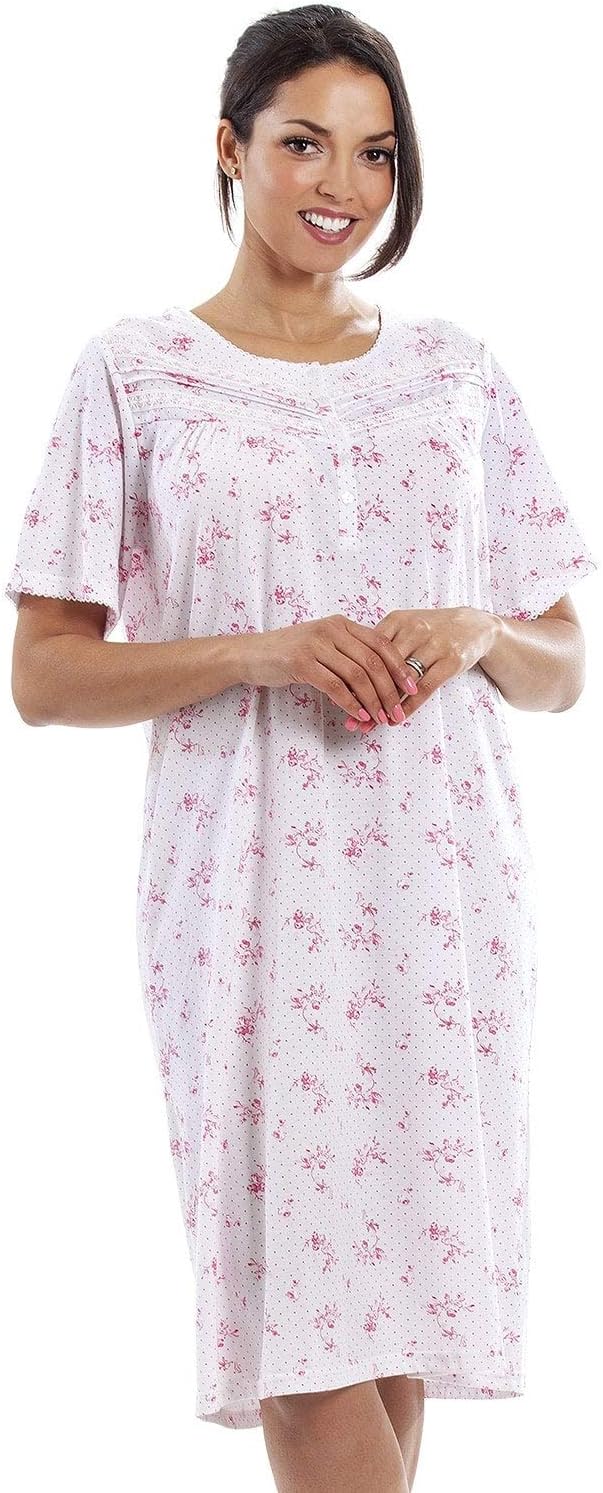 Camille Women’s 100% Cotton Short Sleeved Nightdresses – Comfortable & Breathable Nightwear With Button Fastening – Lightweight Nighties