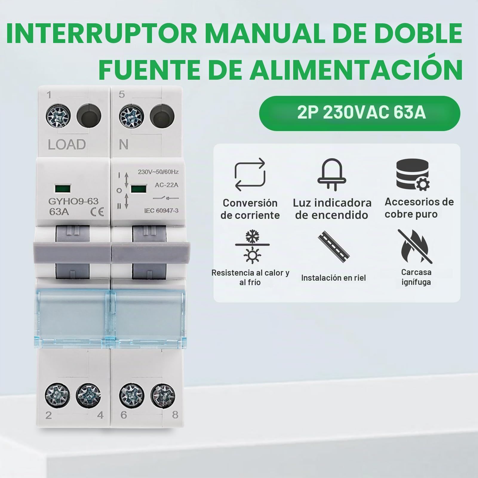 Interruptor de Transferencia, Interruptor de Separación Manual Dual Power DIN Rail Conmutador Manual 2P 230VAC 63A | Interruptor de separación de carga Dual Power DIN-Schiene Manueller Umschalter Transferschalter