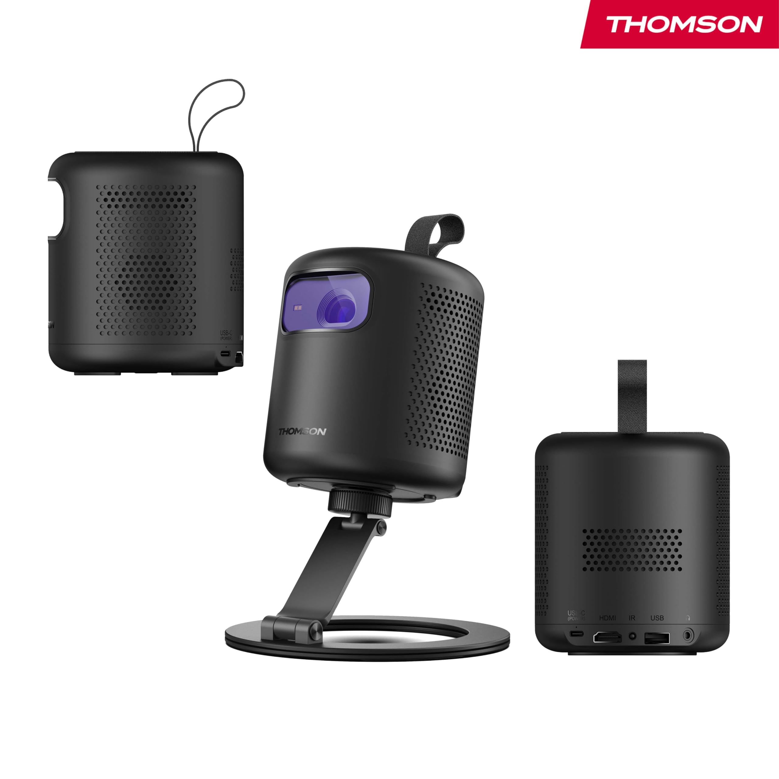 Thomson Vega PG35B Tragbarer Full HD Beamer, Smart LED Projektor mit Google TV, integriertem Akku, 350 ANSI Lumen, Autofokus, HDR10, Dolby Digital+, WiFi, Projektion an die Decke – Hartschalenkoffer