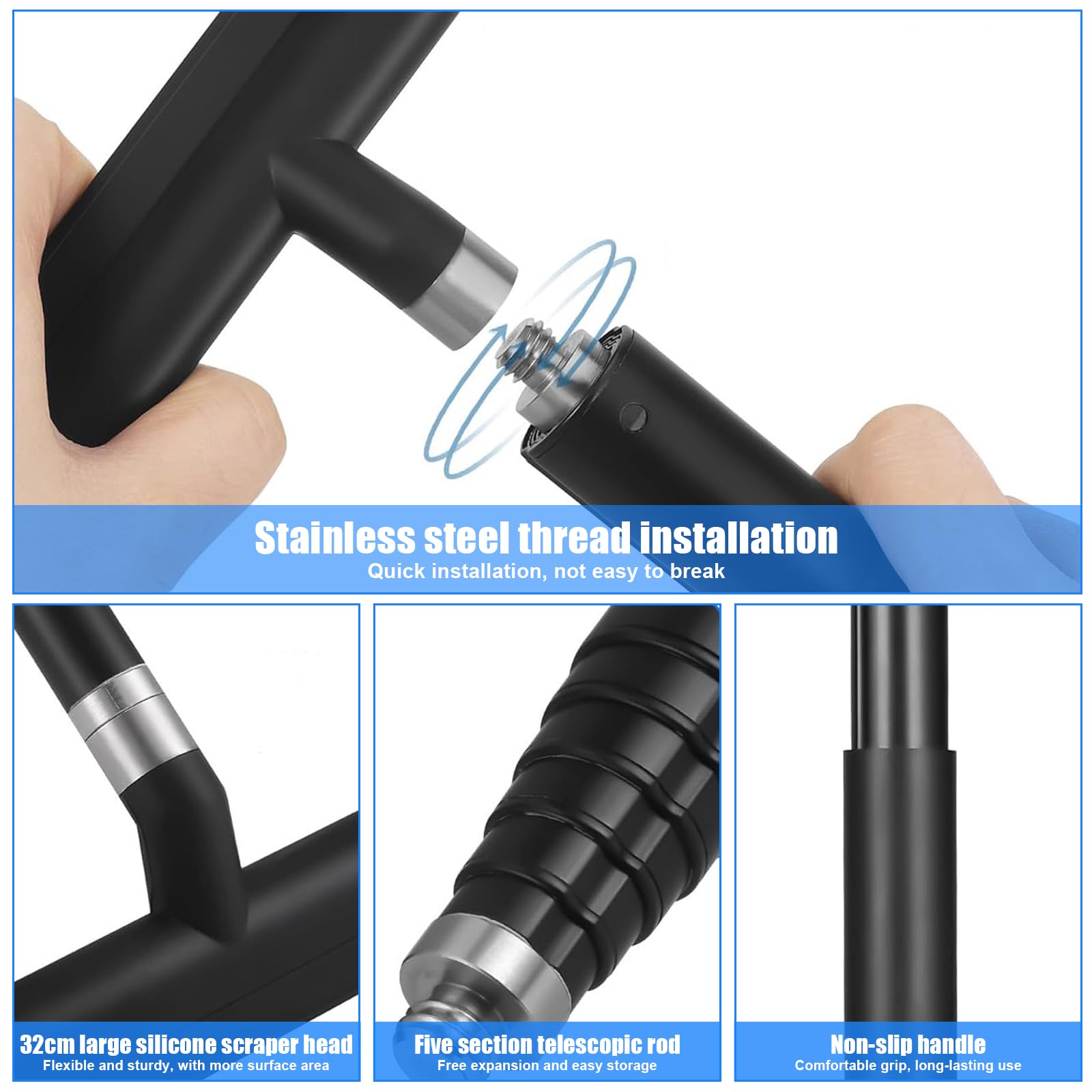 Rasqueta Limpiacristales Ducha Telescopico 120-146cm, Limpia Mamparas Cristal, Limpia Cristales para Ducha, Baño, Coche, Accesorios Baño Negro