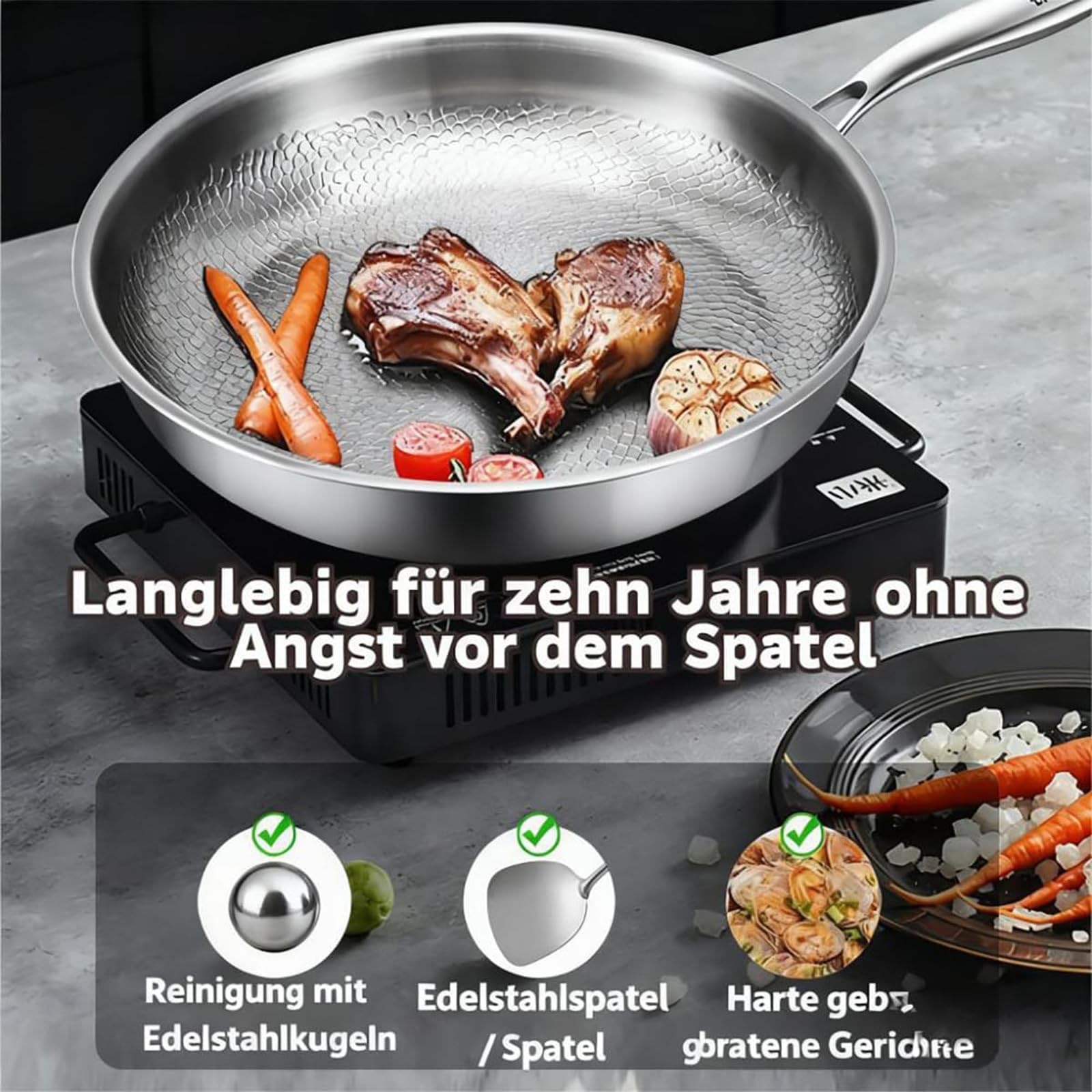 Titan Pfanne, Unbeschichtet Titan Pro Bratpfanne mit Abnehmbarem Griff, Professionelle Titanpfanne für Induktion Gas Elektro, 20/24/26/28/30 cm (Ohne Deckel, 24 cm)