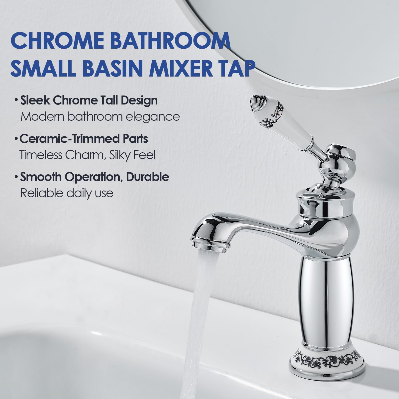 ROVOGO Chrome Vintage Retro Small Basin Mixer Tap for Bathroom with Ceramic Lever Monobloc Bathroom Sink Mixer Tap - Image 2