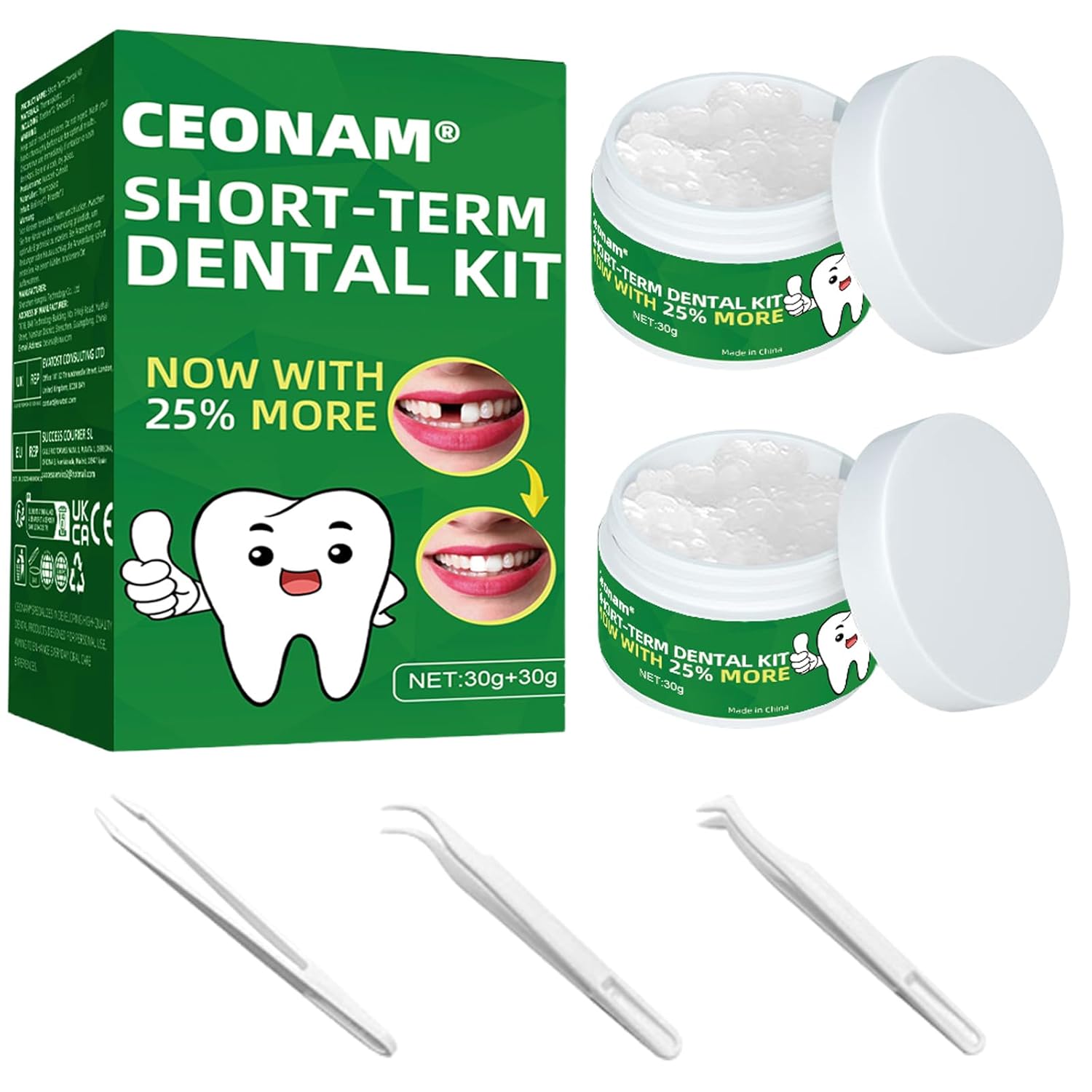 Kit de Reparação Dental - Kit de 60g com Pérolas Substitutas de Dentes Temporários e 3 Ferramentas de Pinça Dentária para Restauração Temporária de Dentes Faltantes e Quebrados