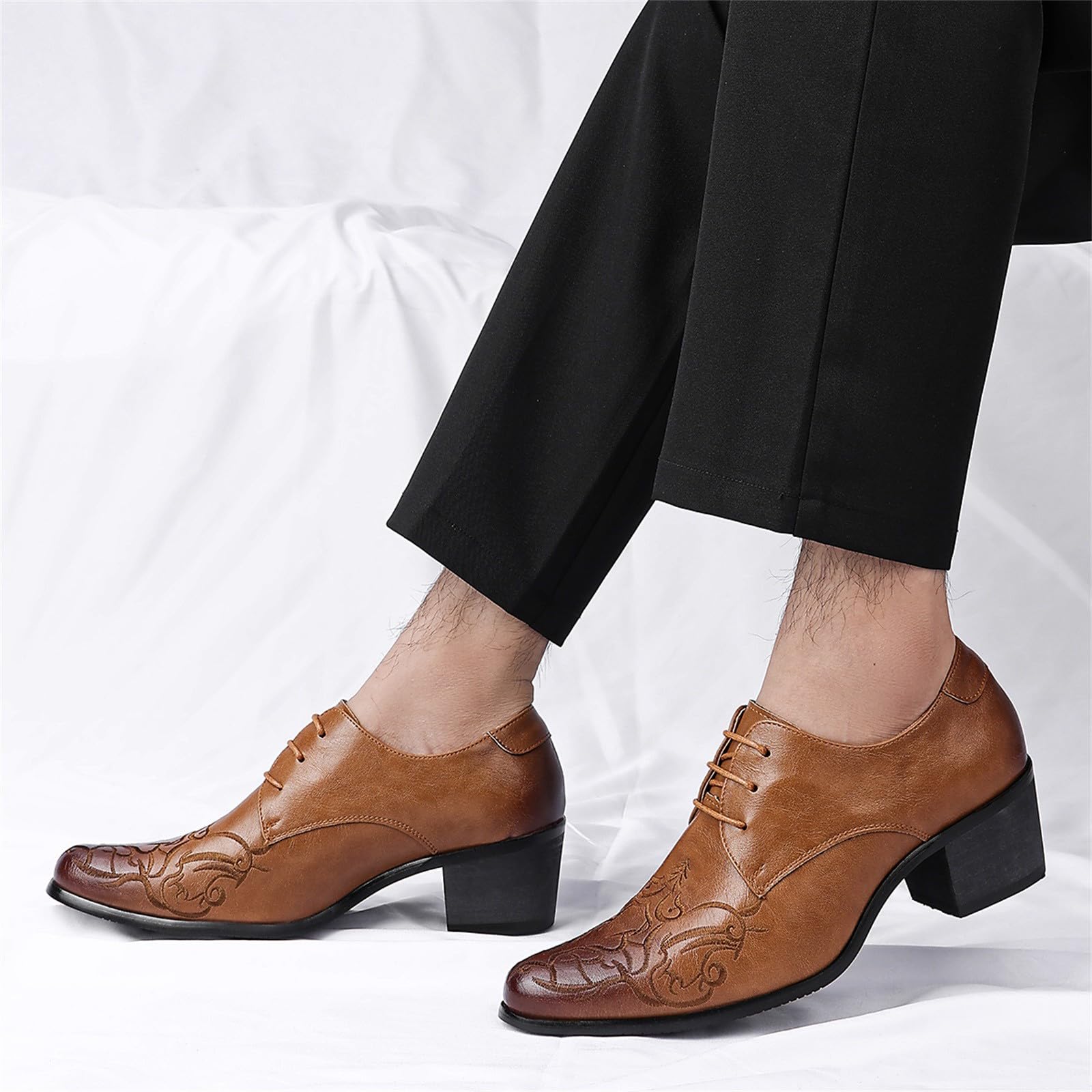 Herren Anzugschuhe Klassische Businessschuhe Elegante Westernstiefel mit kubanischem Absatz bestickte Herrenschuhe Lässige Derby Oxfords Hochzeit Schuhe hohem Absatz im Cowboy Stil