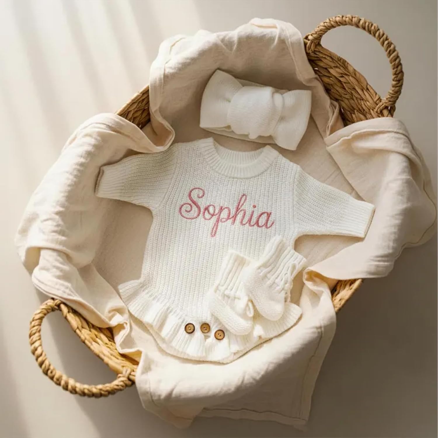 Personalized Embroidered Baby Romper Set - Cotton Newborn Coming Home Outfit, Knit Sweater with Hat & Booties,Gender Neutral Gift