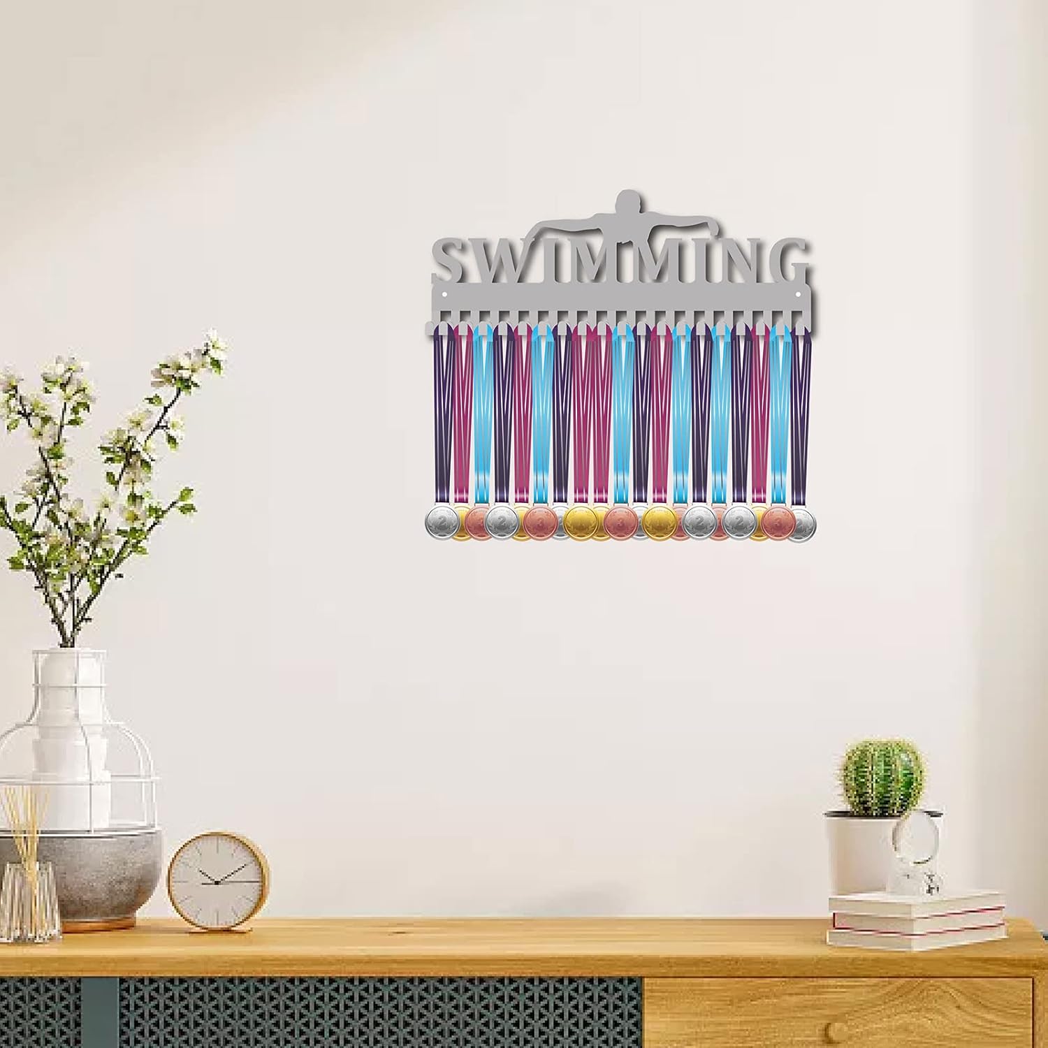 CREATCABIN Swimming Medal Holder Swimmer Medals Hanger Sport Athlete Awards Display Stand Wall Rack Mount Decor Stainless Steel Metal Hanging for Home Badge 20 Hooks Medalist Over 60 Medals, Silver