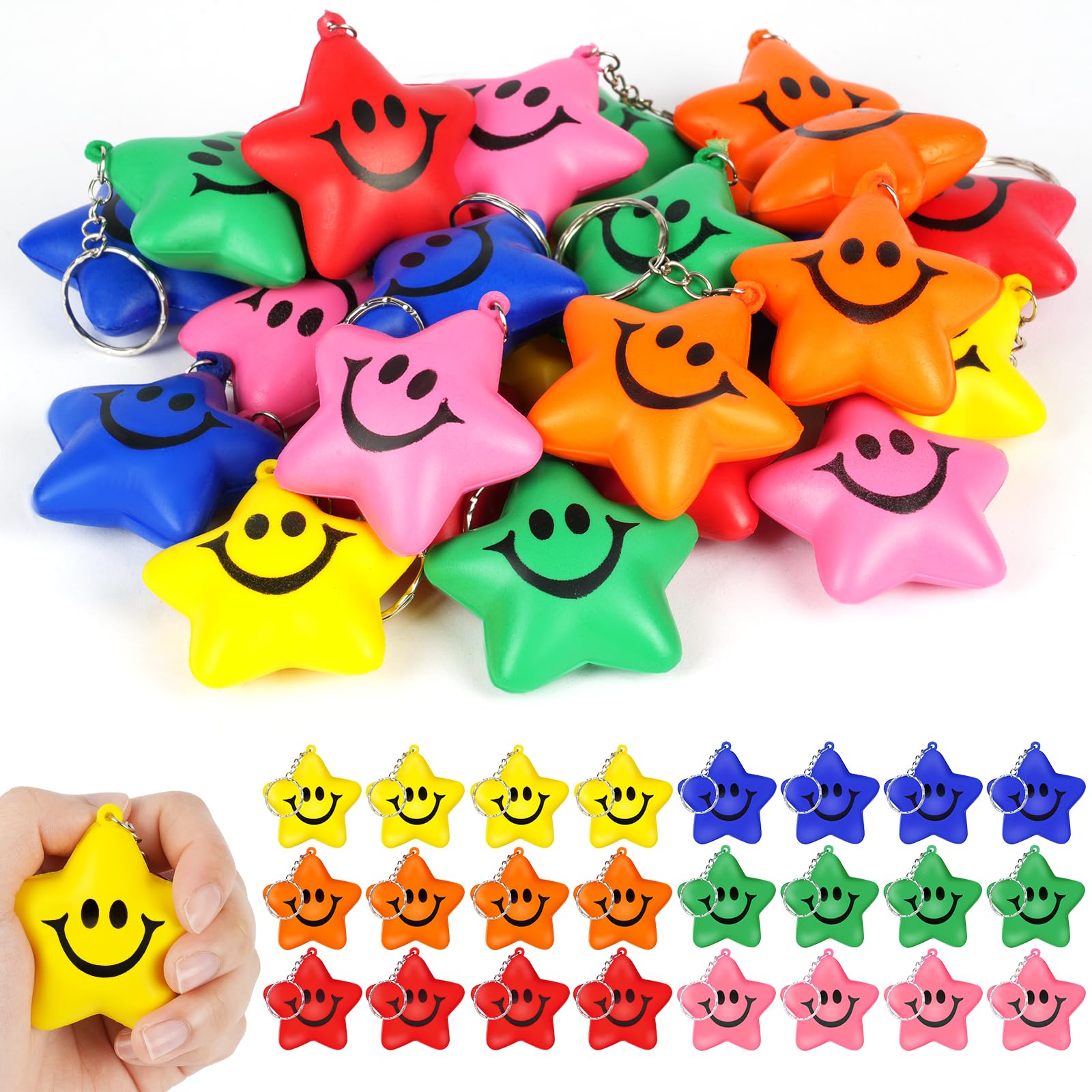 Ainiv Star Funny Stress Balls, 24 PCS Anti-Stress Balls for Adults with Keychain, Mini Fun Star Shape Sensory Stress Ball for Kids and Adults, Hand Exercise Stress Relief Balls Toys for Anxiety Stress