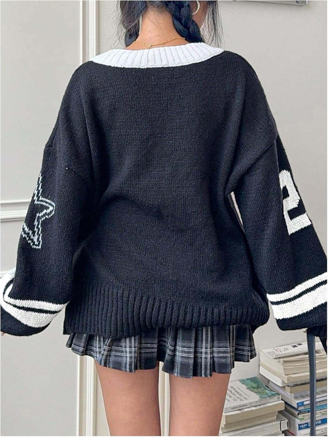 Women's Y2K Sweaters Letter Print Oversized Sweaters Long Sleeve V Neck Pullover Sweater Jumper Top Knit Jersey Shirt Black Large Plus - Image 2