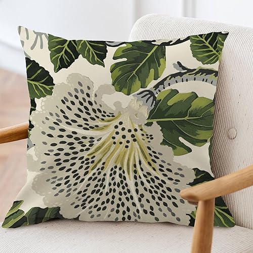 Miniatura 3 de ArogGeld Funda de cojín estilo asiático Chinoiserie con diseño de flores blancas y verdes, color gris, negro, floral, verde, hojas, funda de