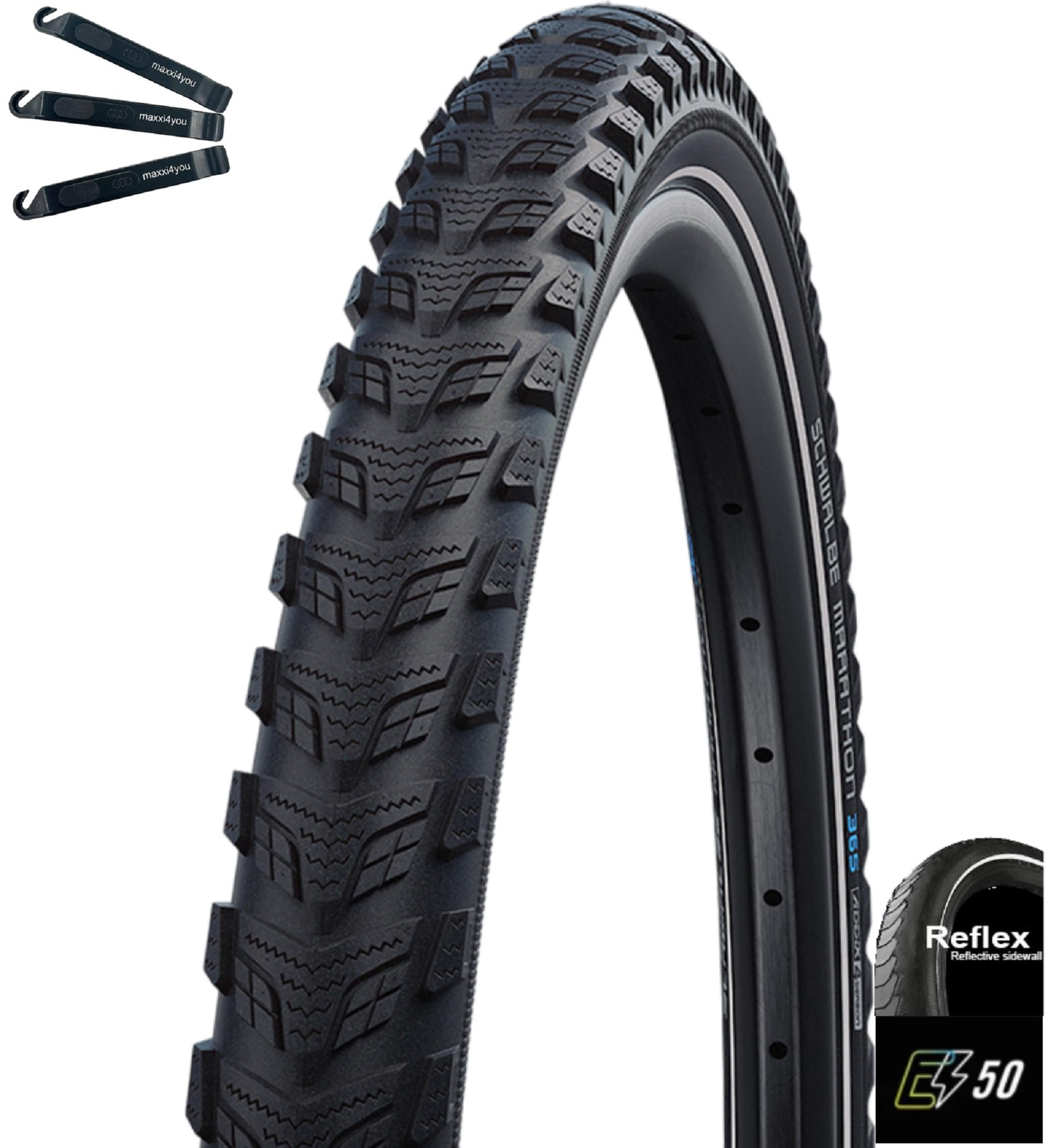 2 x Schwalbe Marathon 365 GreenGuard E-50 Fahrradreifen Schwarz mit Reflex 40-622 (28 x 1,50) + 2 x Schwalbe Schläuche SV17 inkl. maxxi4you Reifenheber