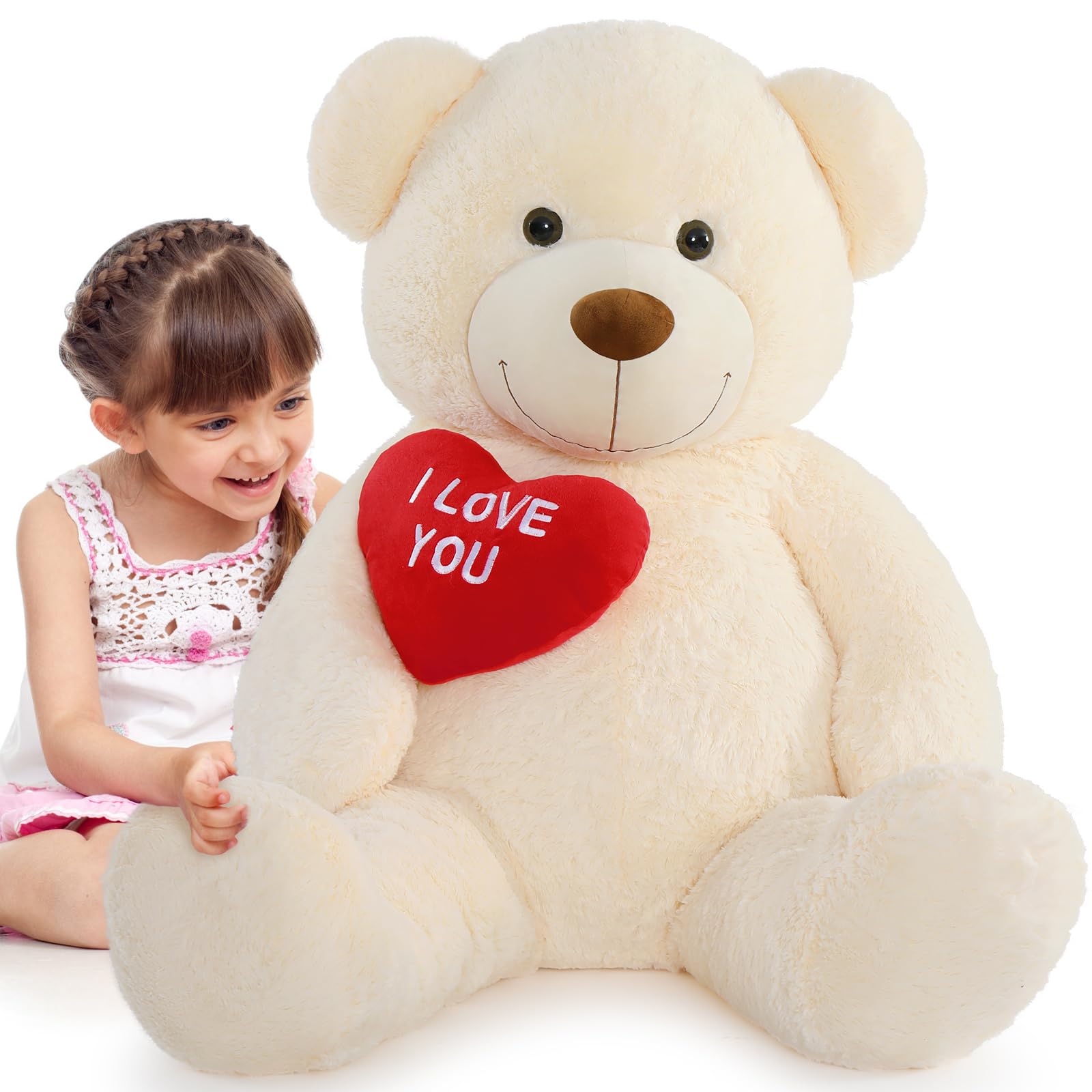 MorisMos Giant I Love You Teddy Bear with Heart, XXL 130cm Ivory Teddy Bear for Girlfriend, Large Teddies Soft Plush Toy, Big Cuddly Fluffy Bear Gift for Kids Wife Mum Birthday Mothers Day Deco