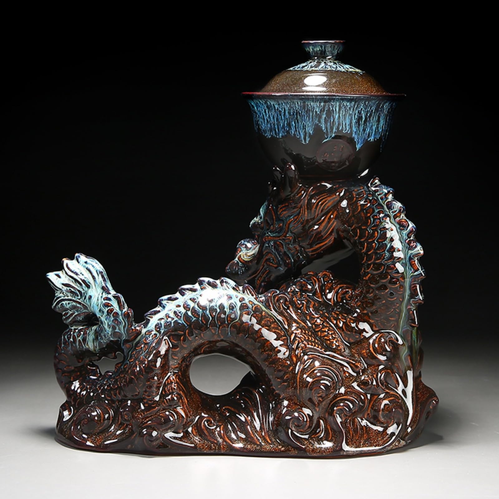 Chiński zestaw do herbaty Gongfu – ceramiczny czajniczek z zaparzaczem, 8 filiżanek, półautomatyczny, z motywem smoka do herbaty liściastej