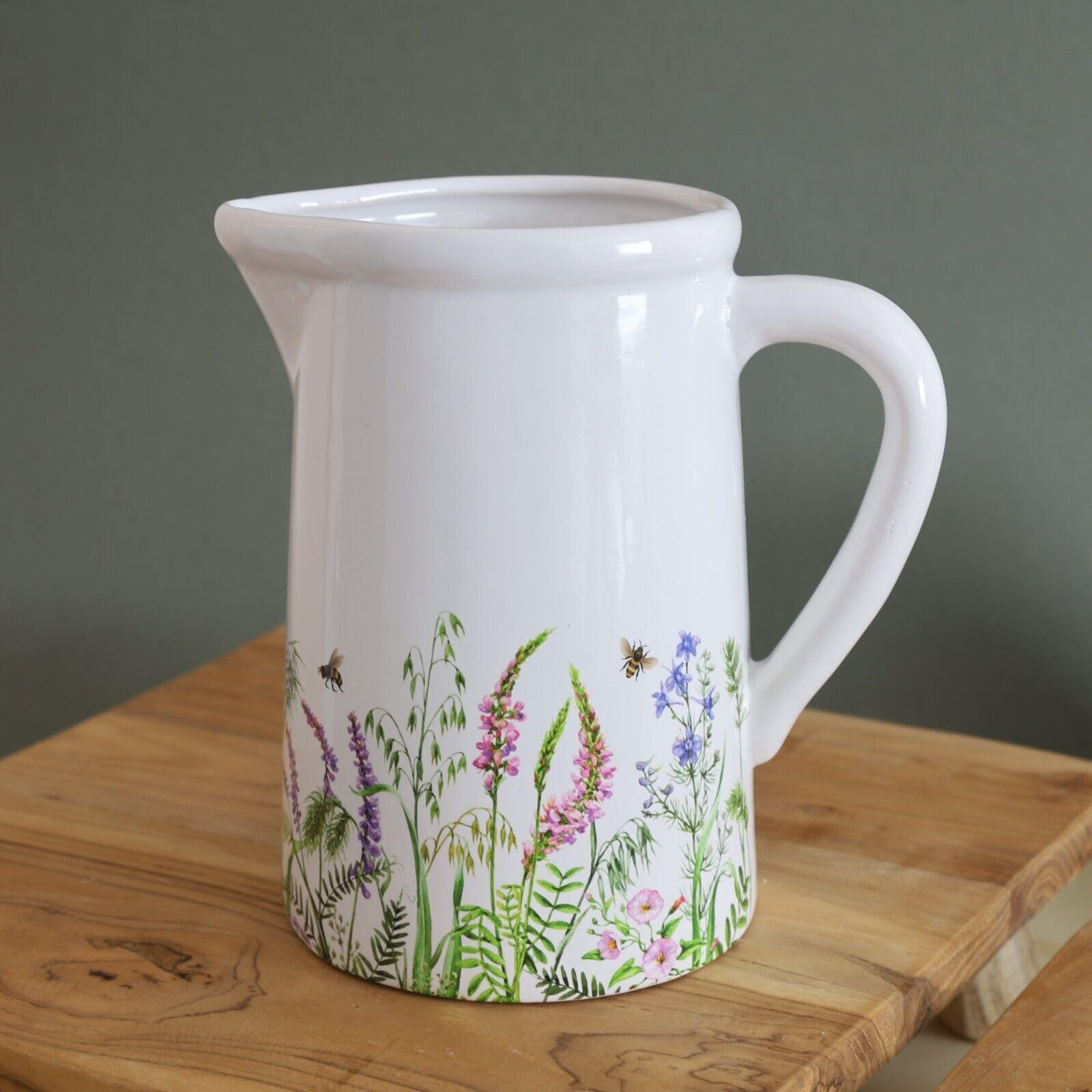 18cm White Meadow Bee Ceramic Decor Indoor Water Juice Jug Flowers Herbs Vase, Large